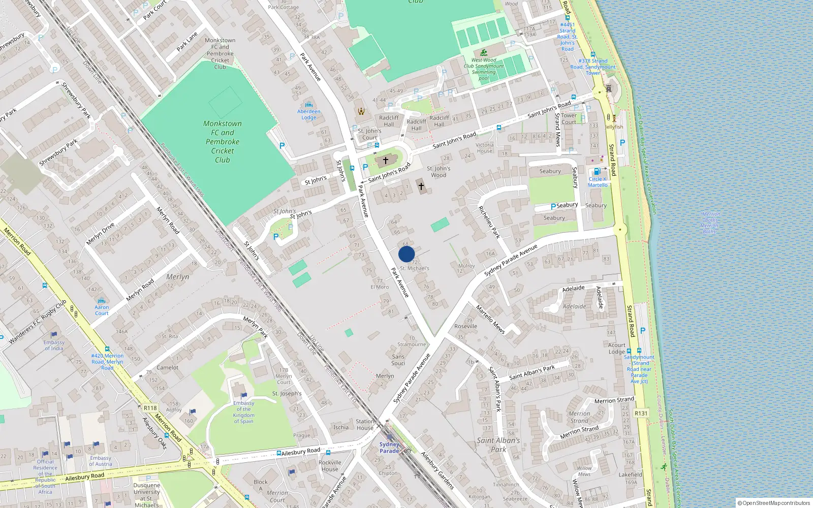 Overhead map showing the location of 70 Park Avenue, Dublin