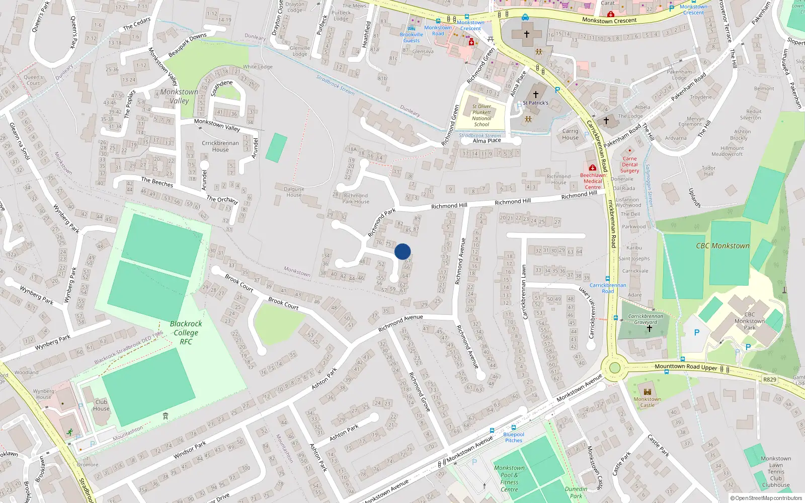 Overhead map showing the location of 70 Richmond Park, Monkstown, Dublin