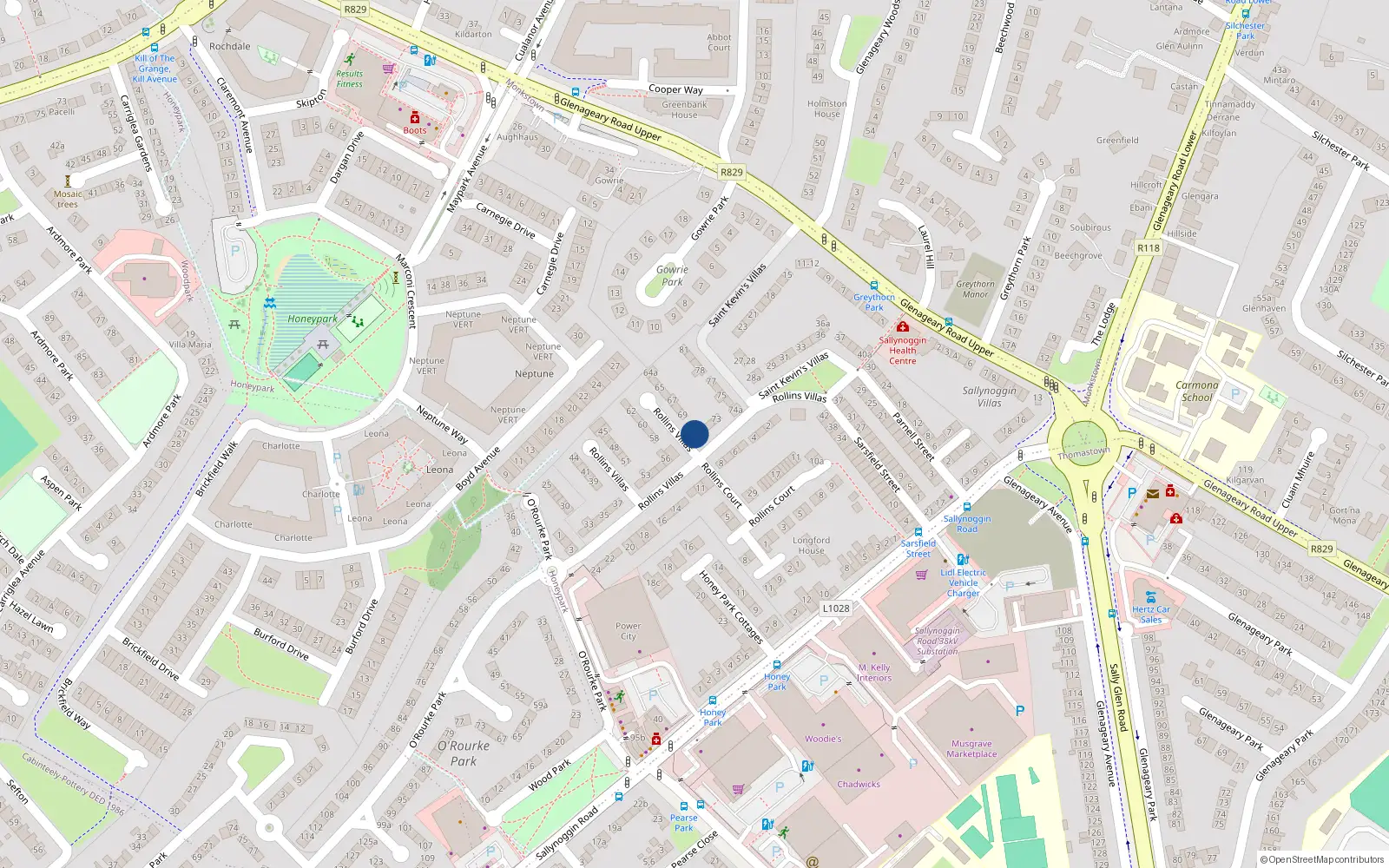 Overhead map showing the location of 70 Rollins Villas, Sallynoggin