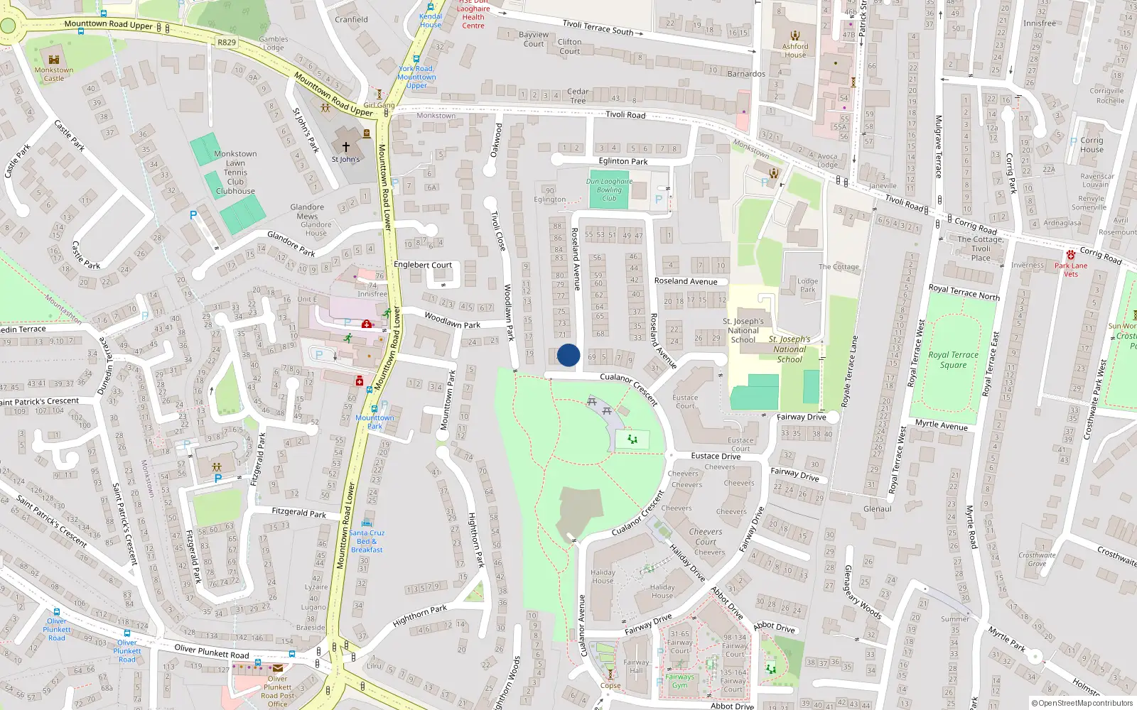 Overhead map showing the location of 70 Roseland Avenue, Dun Laoghaire