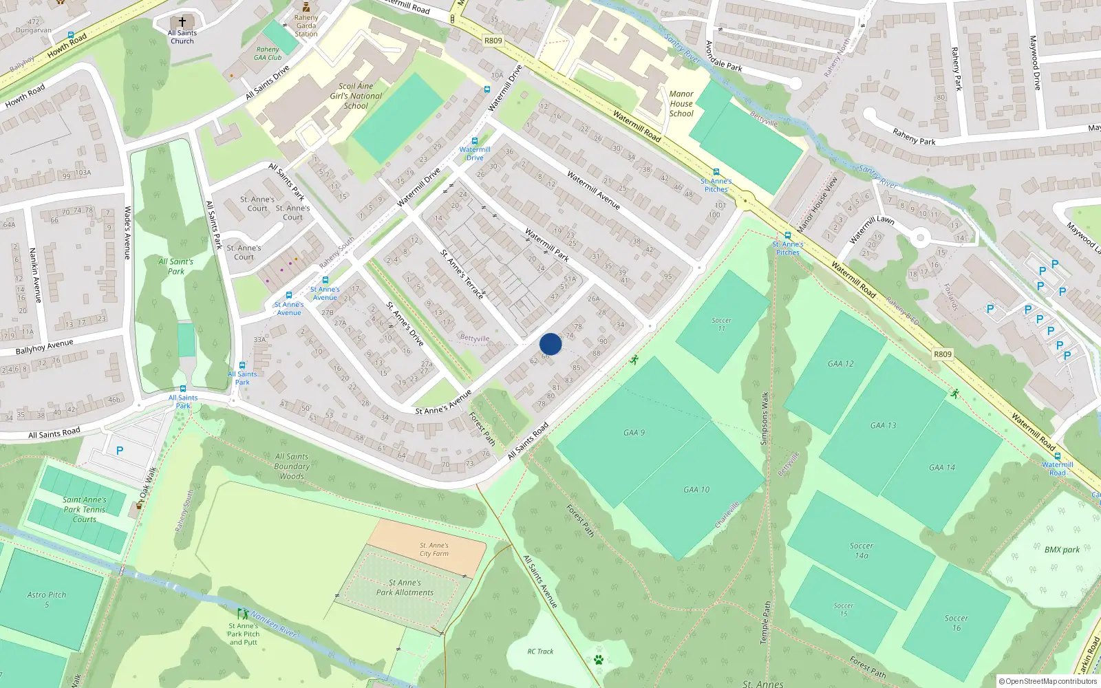 Overhead map showing the location of 70 St Annes Avenue, Raheny, Dublin 5