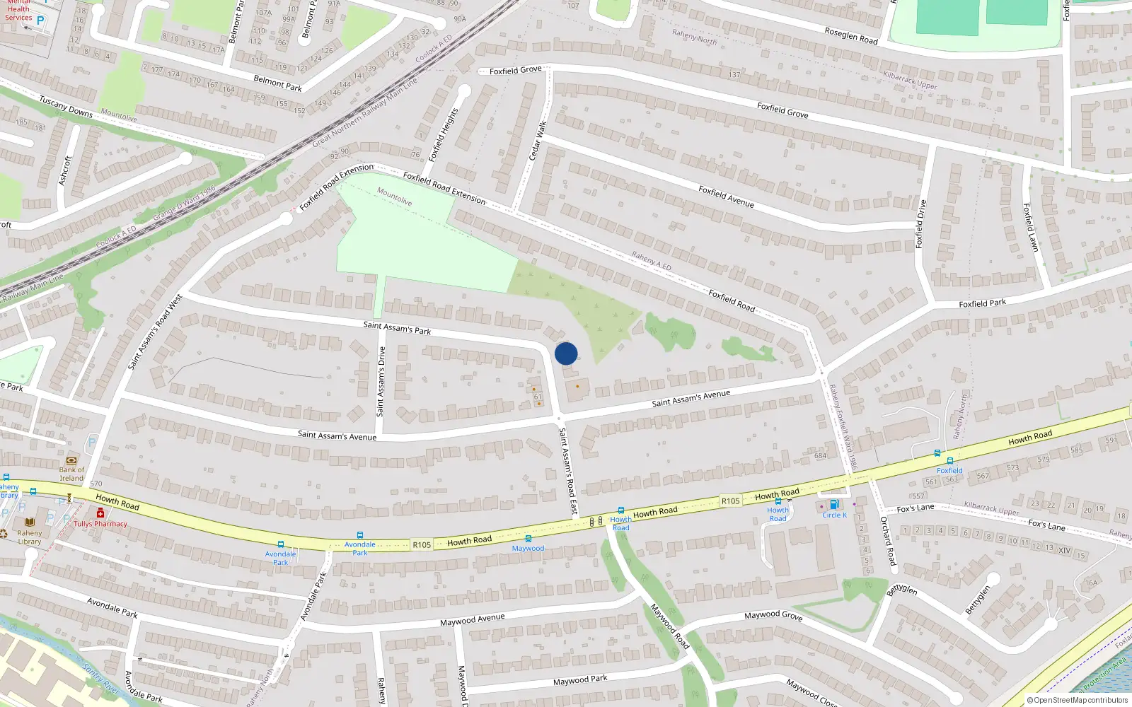 Overhead map showing the location of 70 St Assams Park, Raheny, Dublin 5