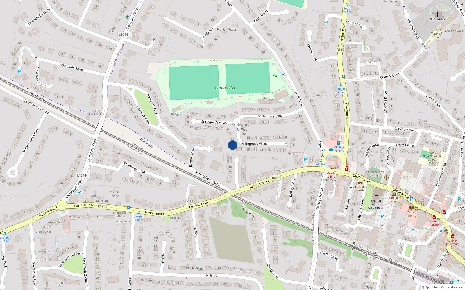 Overhead map showing the location of 70 St Begnets Villas, Dalkey, Dublin