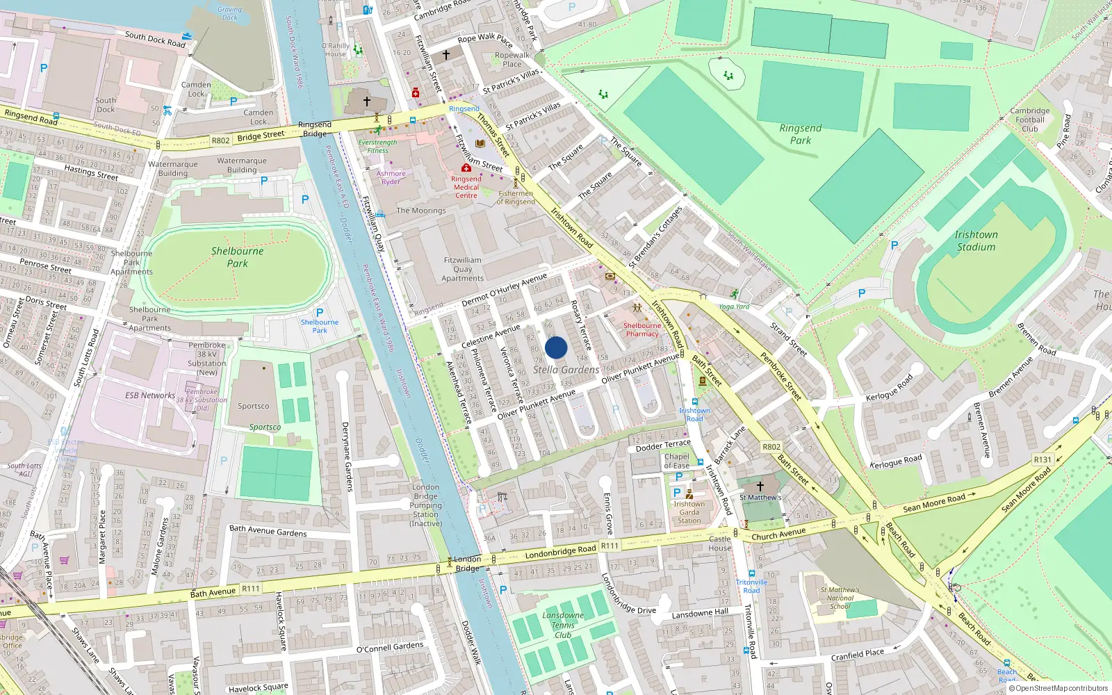 Overhead map showing the location of 70 St Magdalen Terrace, Stella Gardens, Irishtown Dublin 4