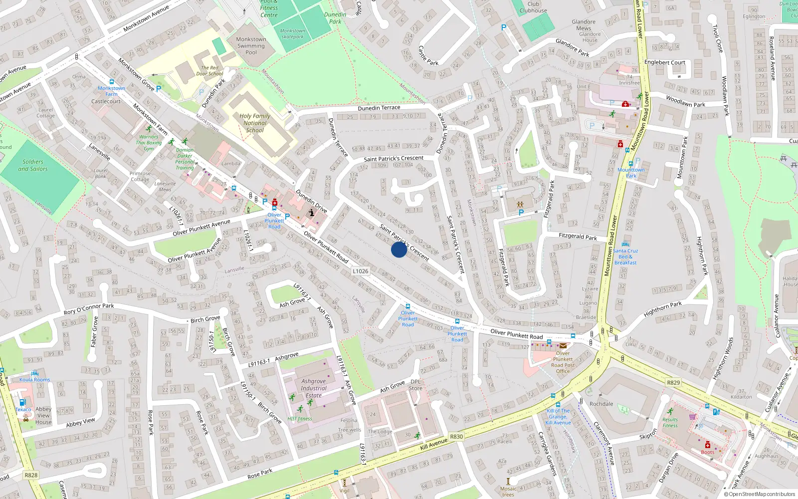 Overhead map showing the location of 70 St Patricks Crescent, Monkstown Farm, Glenageary
