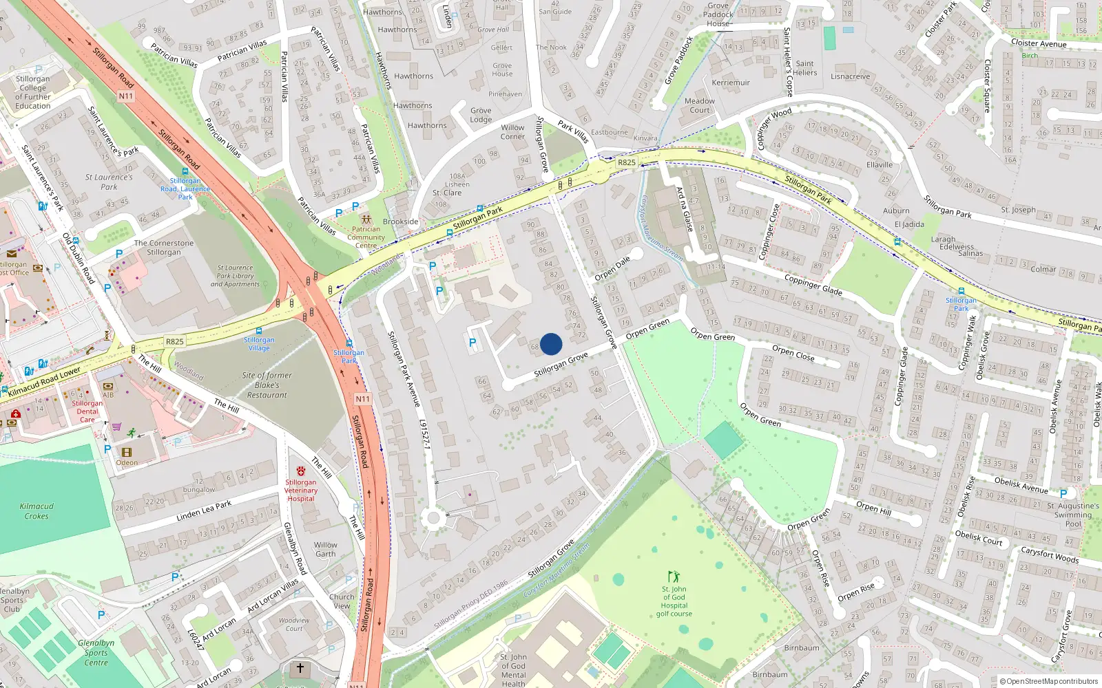 Overhead map showing the location of 70 Stillorgan Grove, Dublin