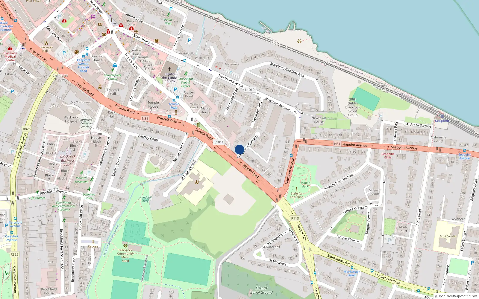 Overhead map showing the location of 70 Temple Road, Blackrock