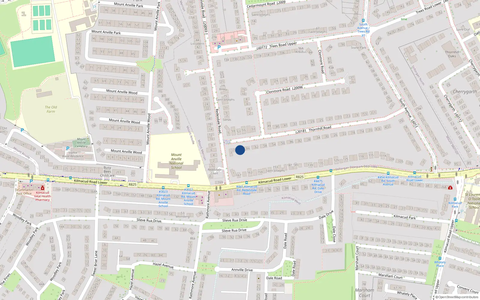 Overhead map showing the location of 70 Thornhill Road, Blackrock