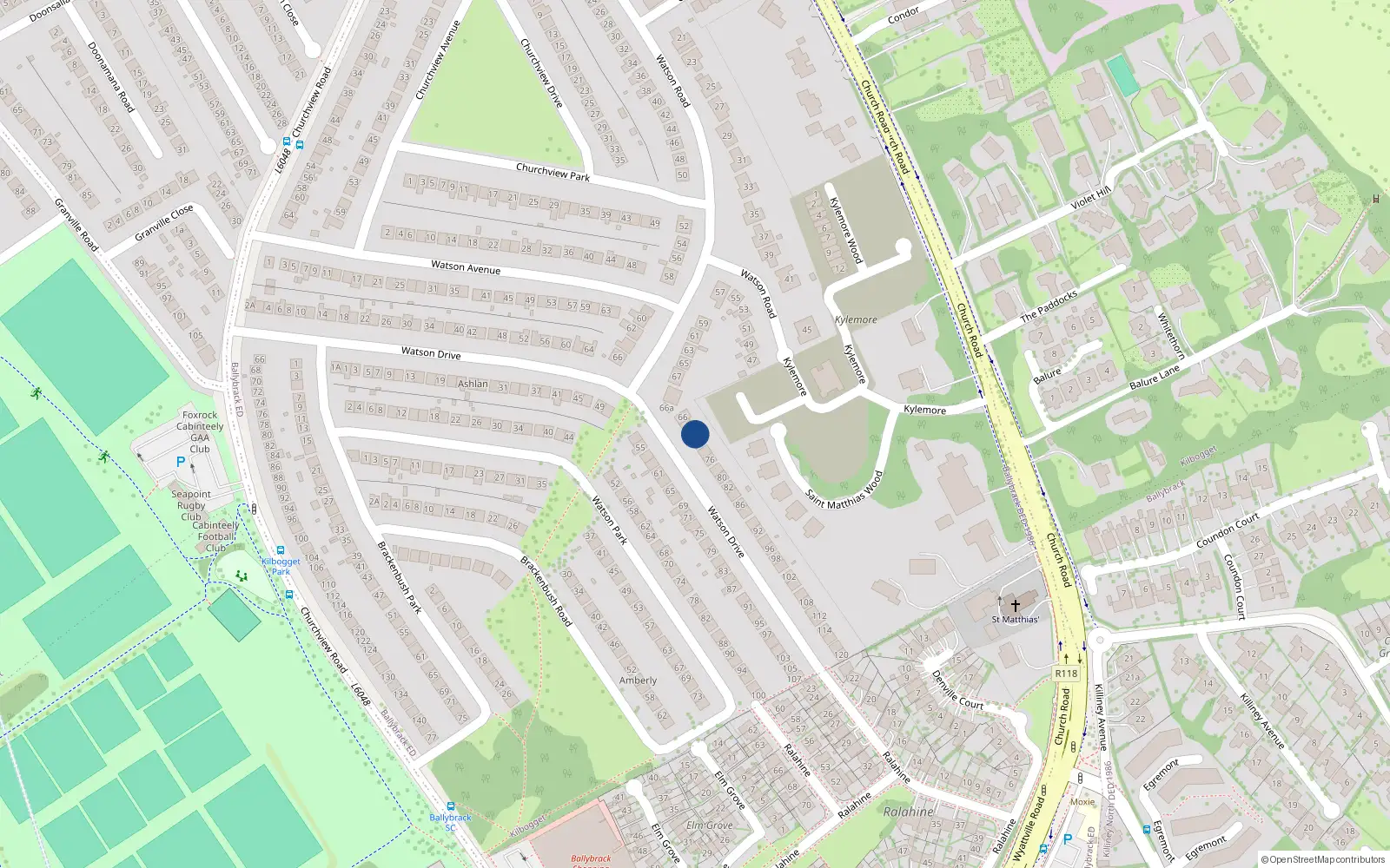 Overhead map showing the location of 70 Watson Drive, Killiney