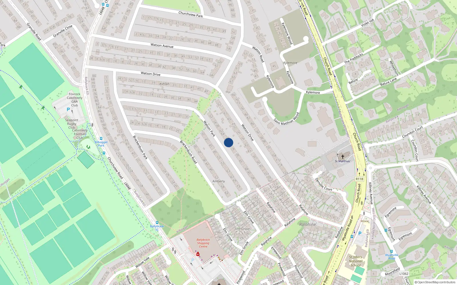 Overhead map showing the location of 70 Watson Park, Killiney