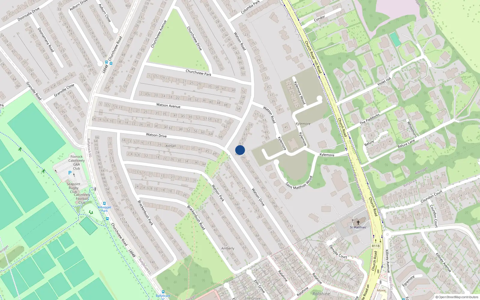 Overhead map showing the location of 70 Watson Road, Killiney