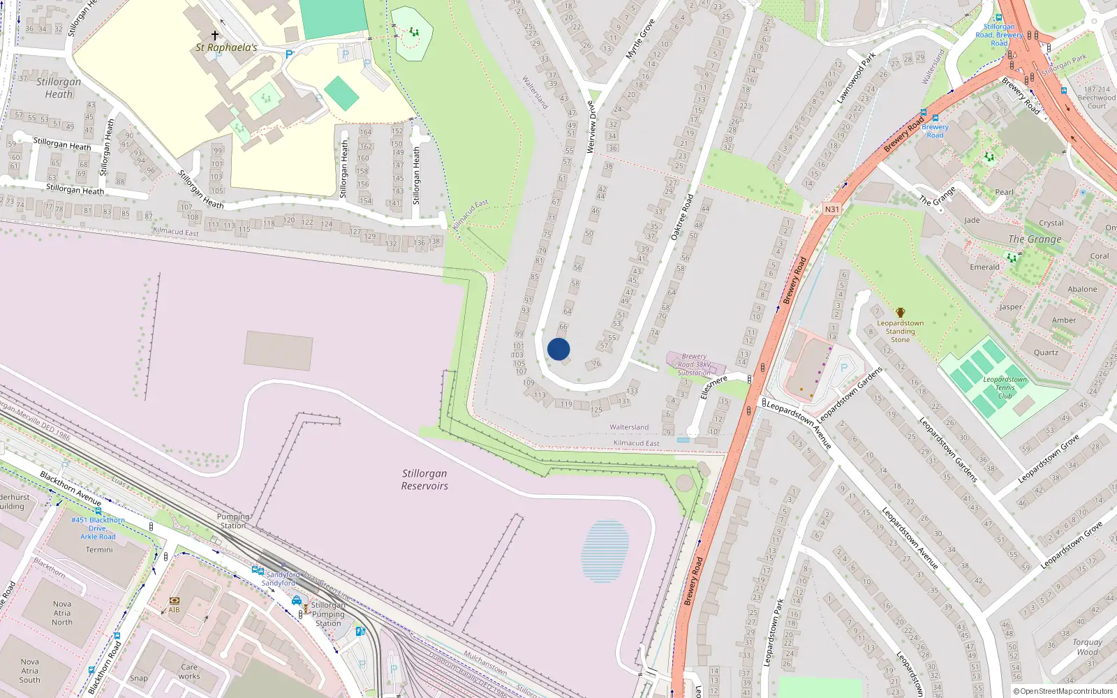 Overhead map showing the location of 70 Wierview Drive, Stillorgan, Dublin