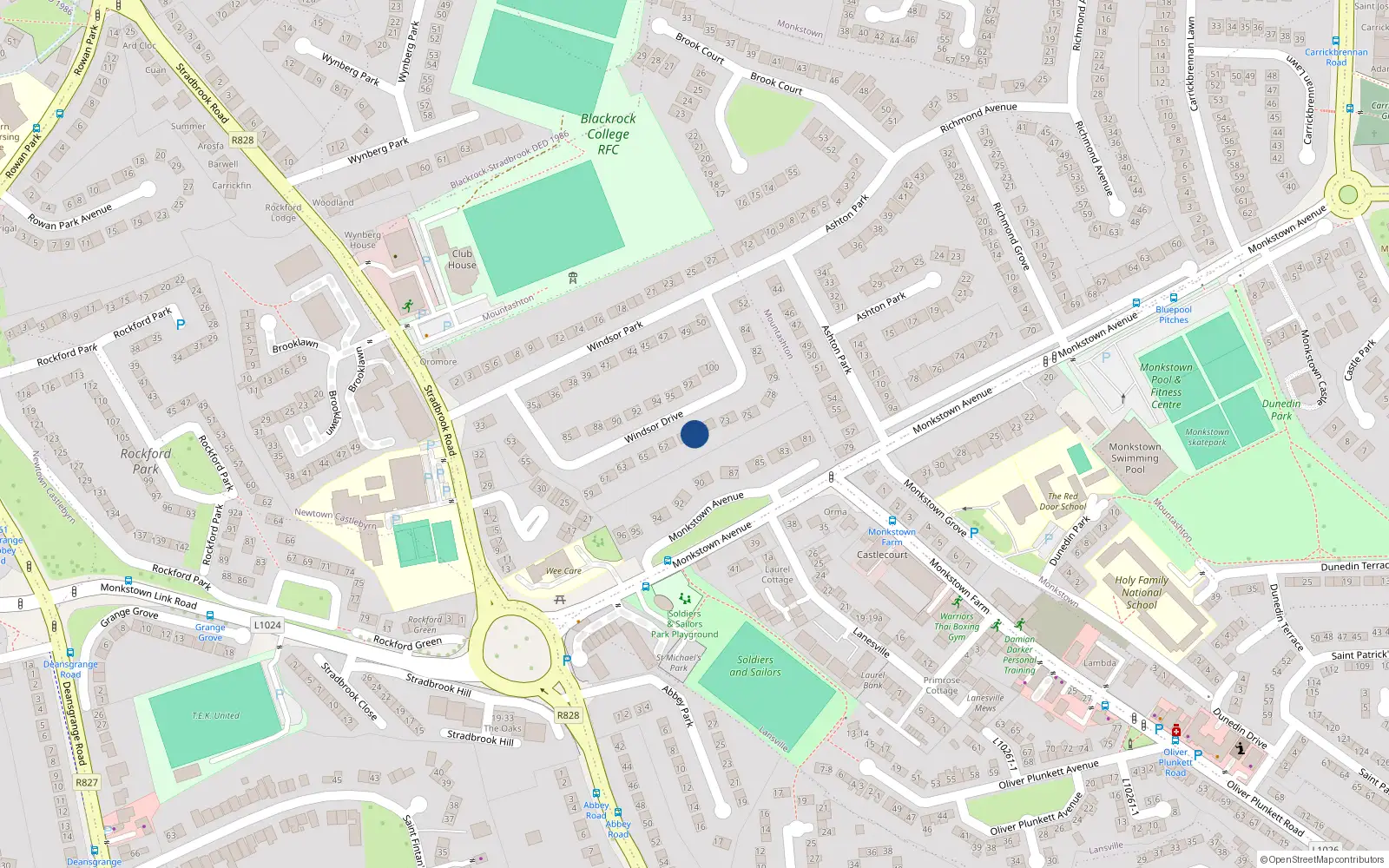 Overhead map showing the location of 70 Windsor Drive, Monkstown