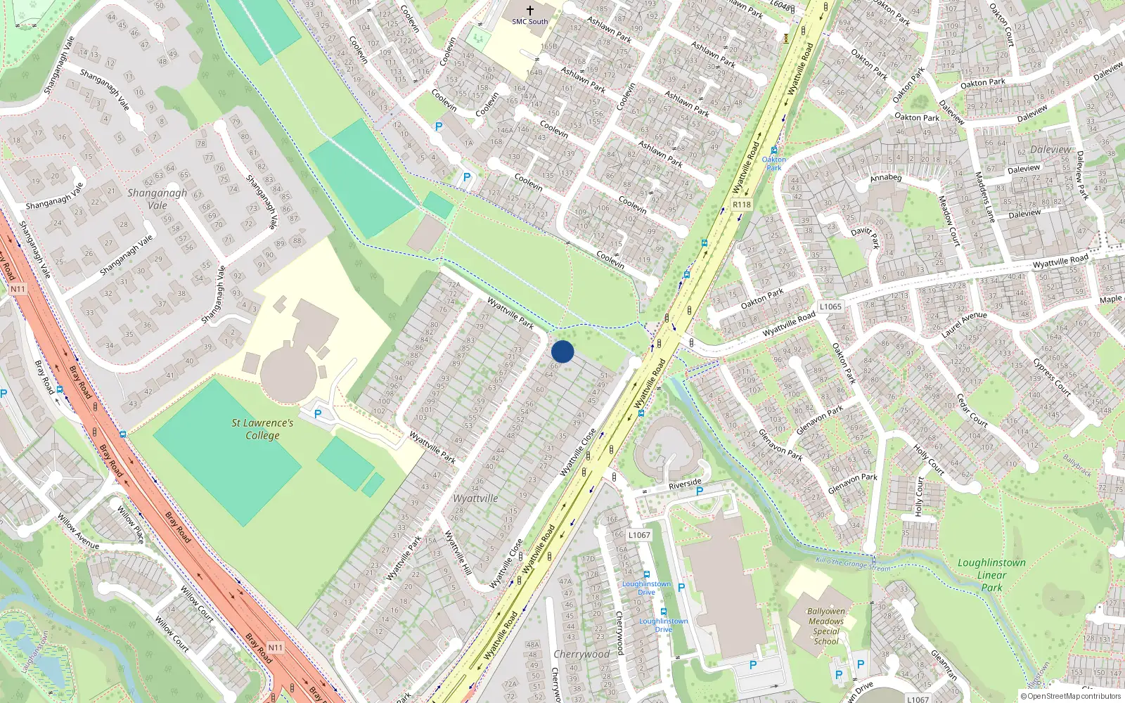 Overhead map showing the location of 70 Wyattville Park, Cabinteely