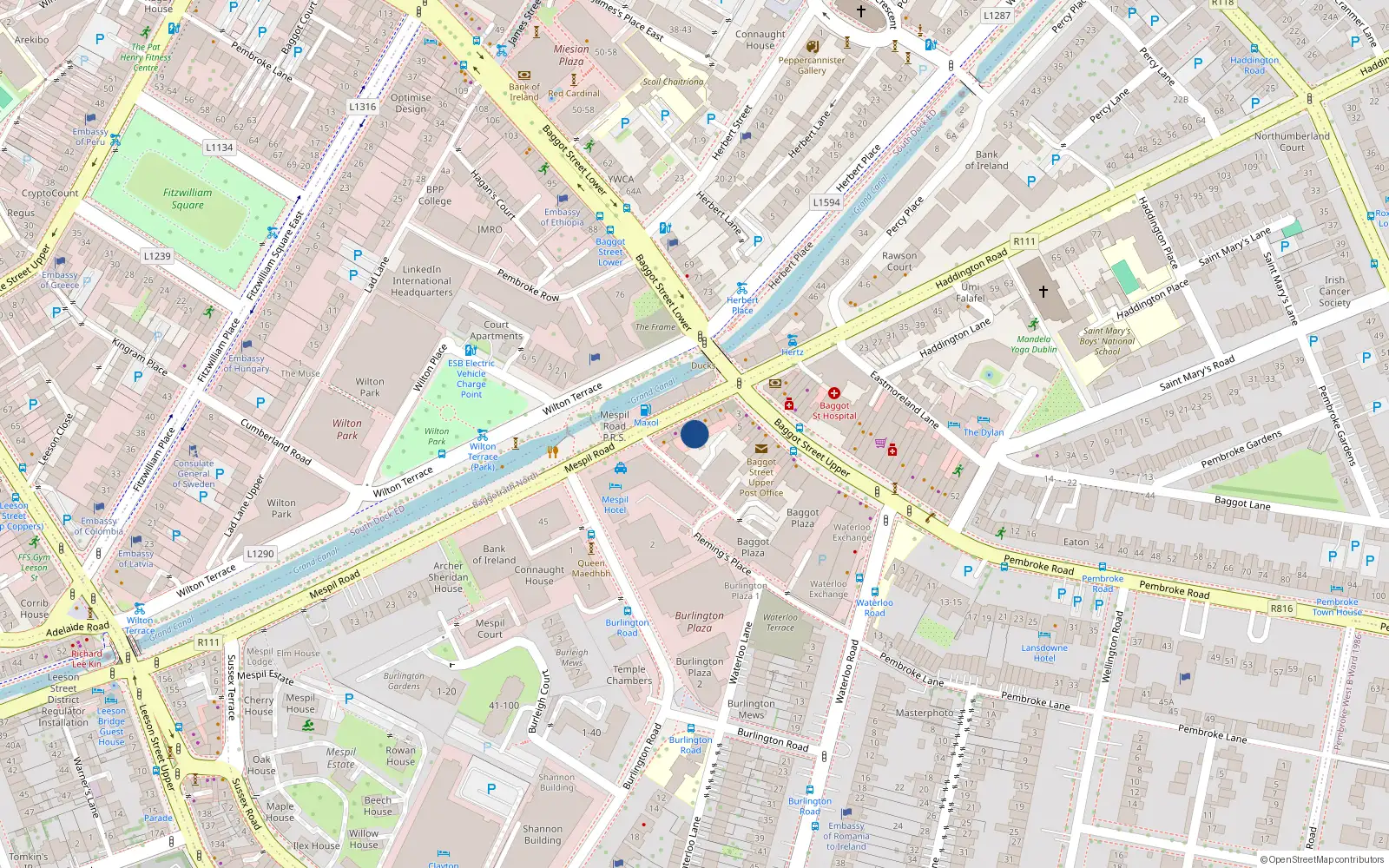 Overhead map showing the location of 71 Mespil Road, Dublin 4