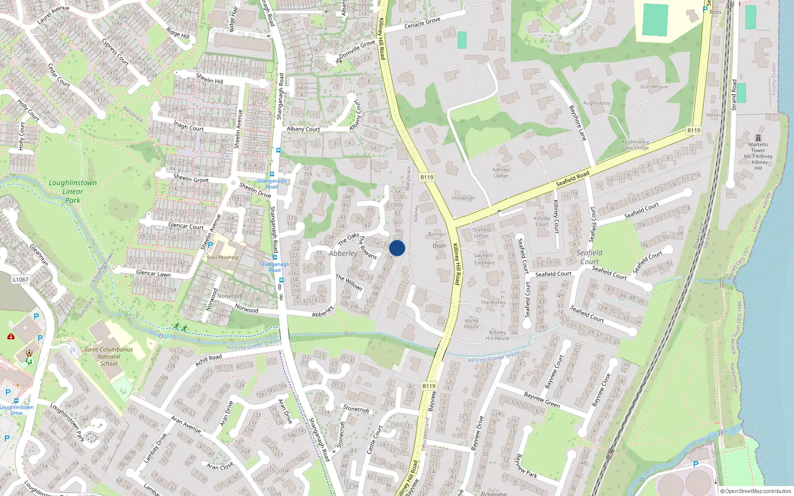 Overhead map showing the location of 71 Abberley, Shanganagh Road, Ballybrack