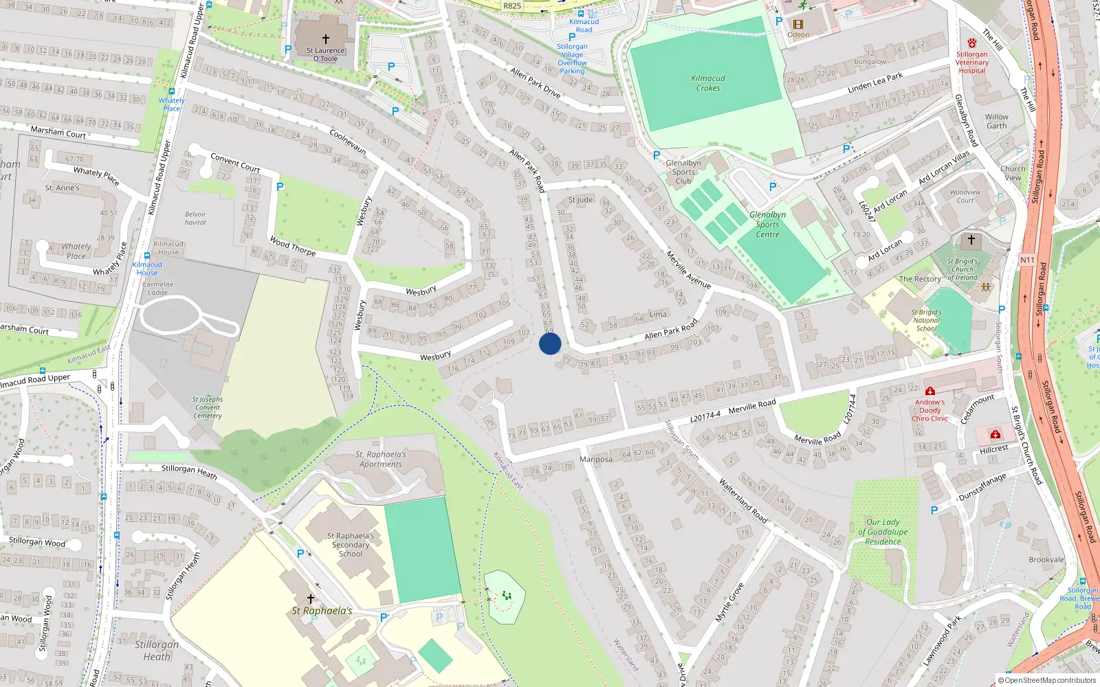 Overhead map showing the location of 71 Allen Park Road, Dublin