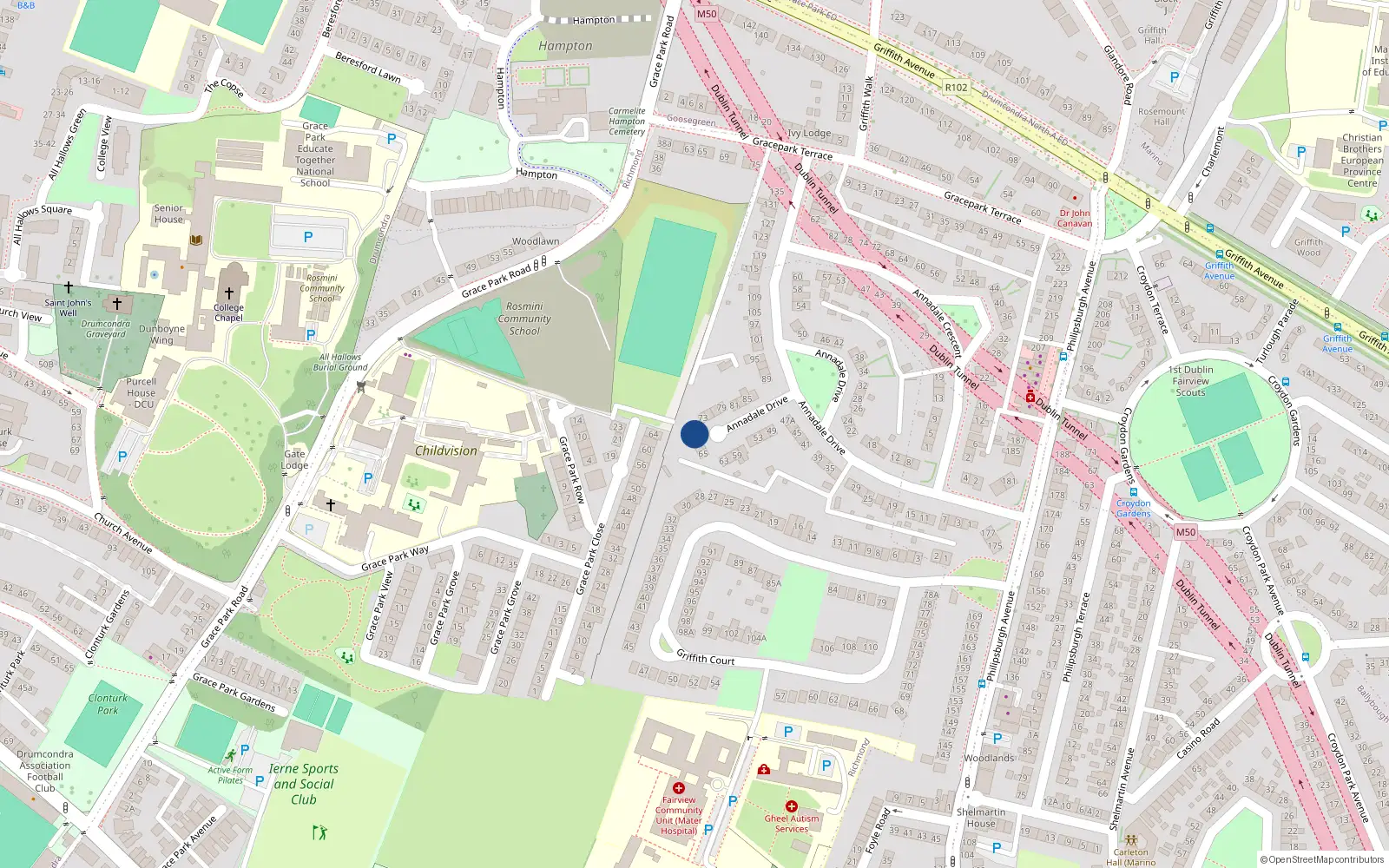 Overhead map showing the location of 71 Annadale Drive, Dublin 9