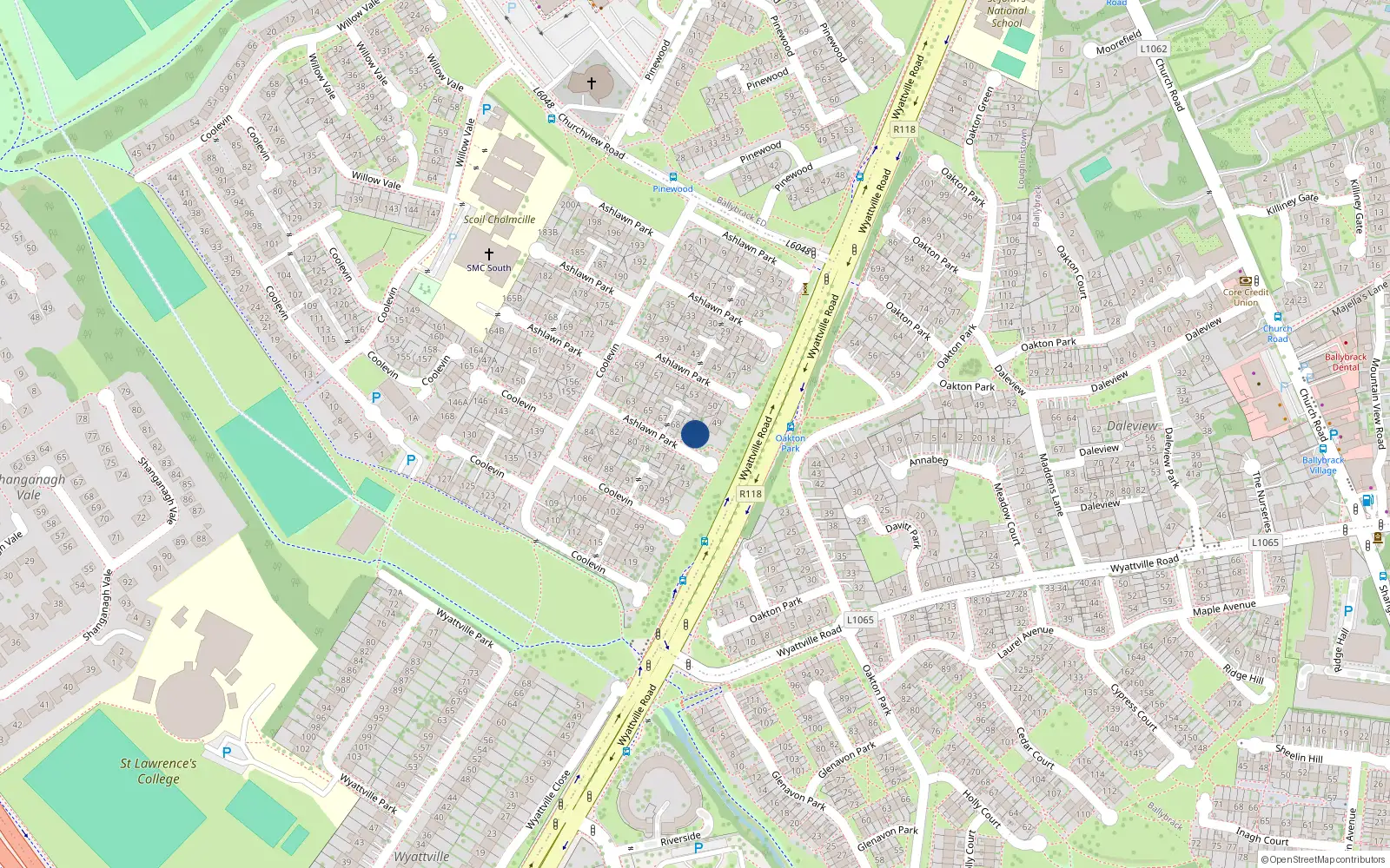 Overhead map showing the location of 71 Ashlawn Park, Dublin