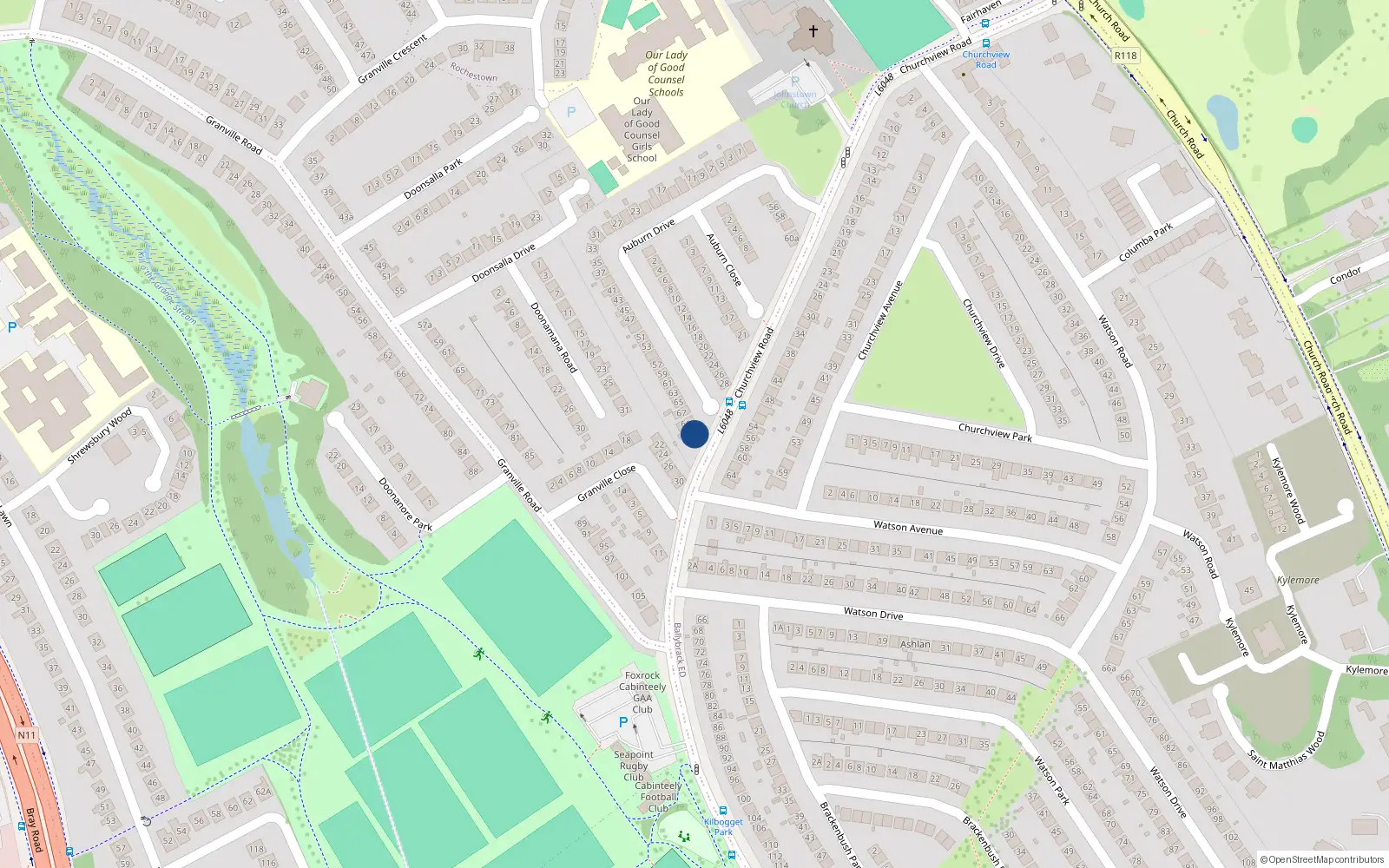 Overhead map showing the location of 71 Auburn Drive, Ballybrack