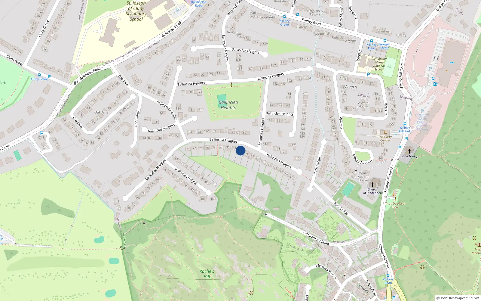 Overhead map showing the location of 71 Ballinclea Heights, Killiney