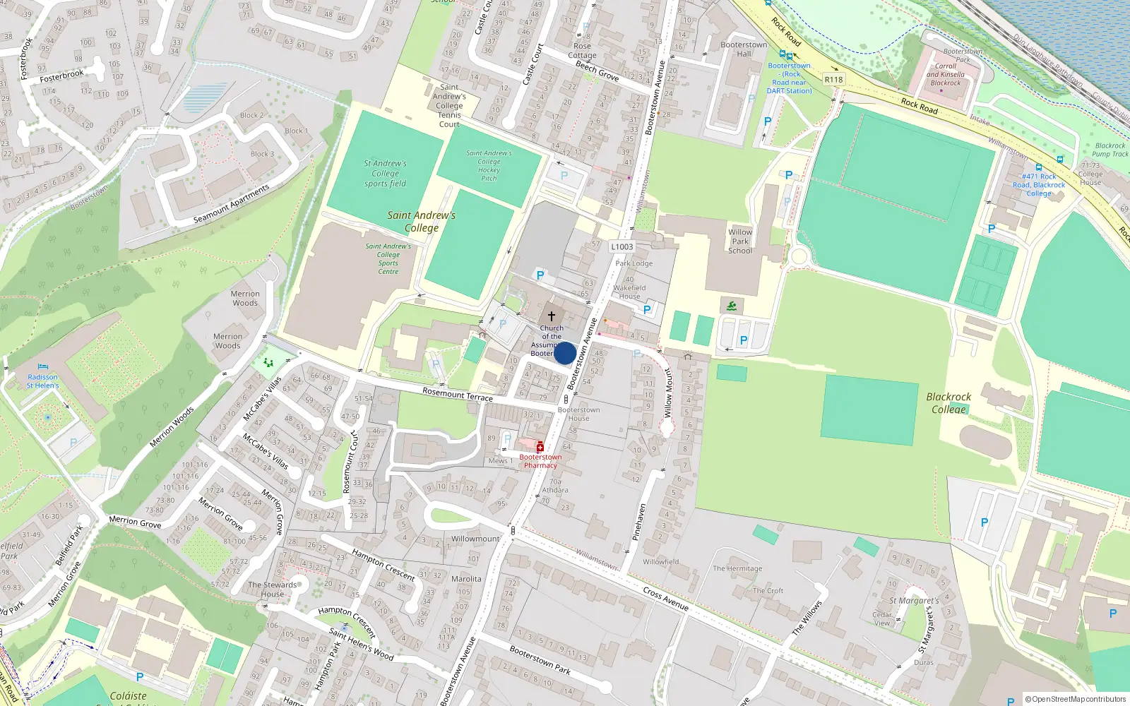 Overhead map showing the location of 71 Booterstown Avenue, Booterstown