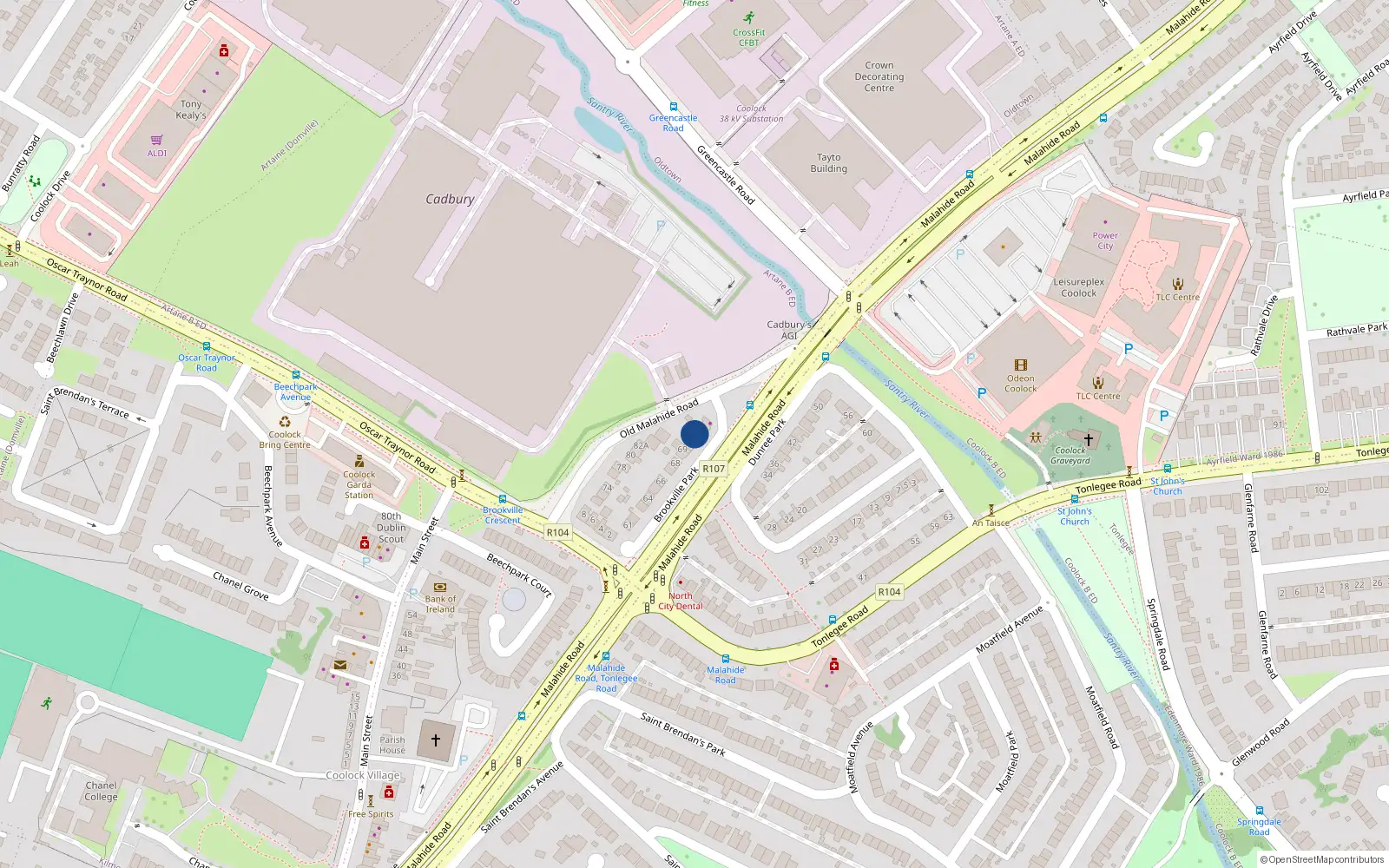 Overhead map showing the location of 71 Brookville Park, Dublin 5