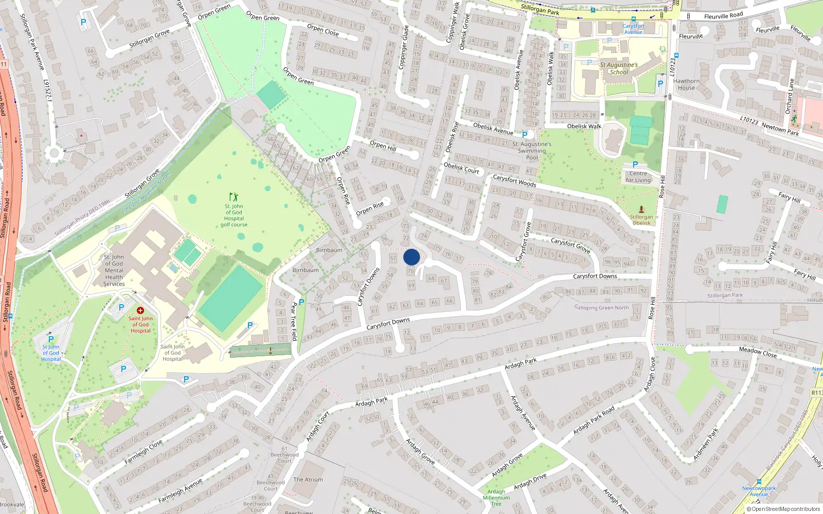 Overhead map showing the location of 71 Carysfort Downs, Blackrock