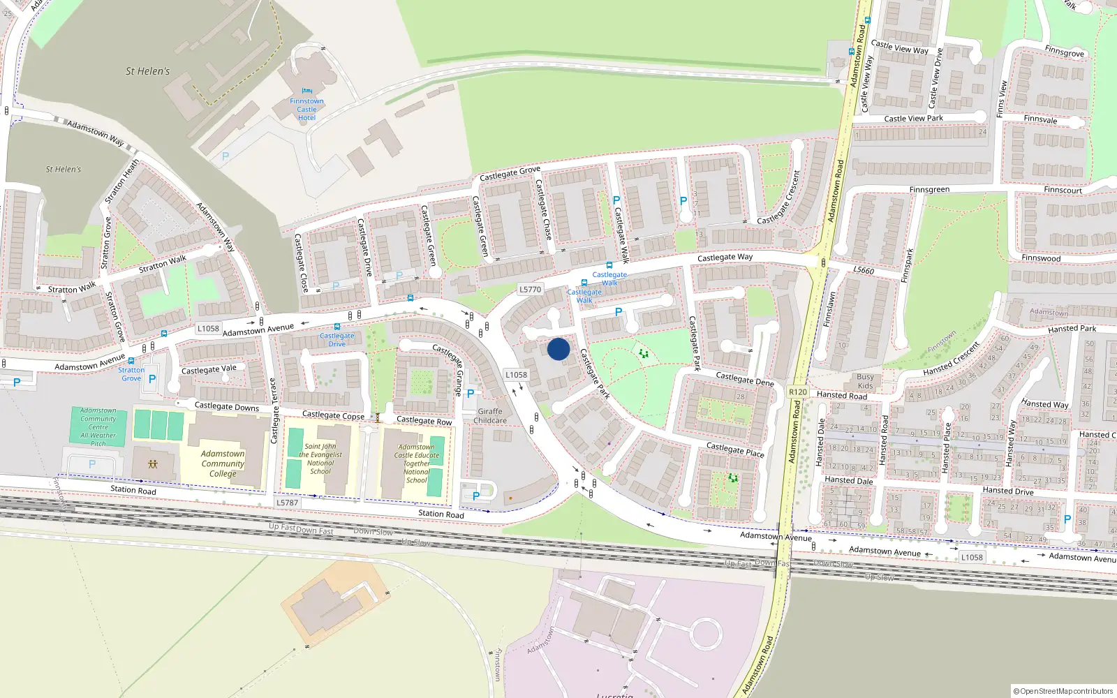 Overhead map showing the location of 71 Castlegate Park, Lucan