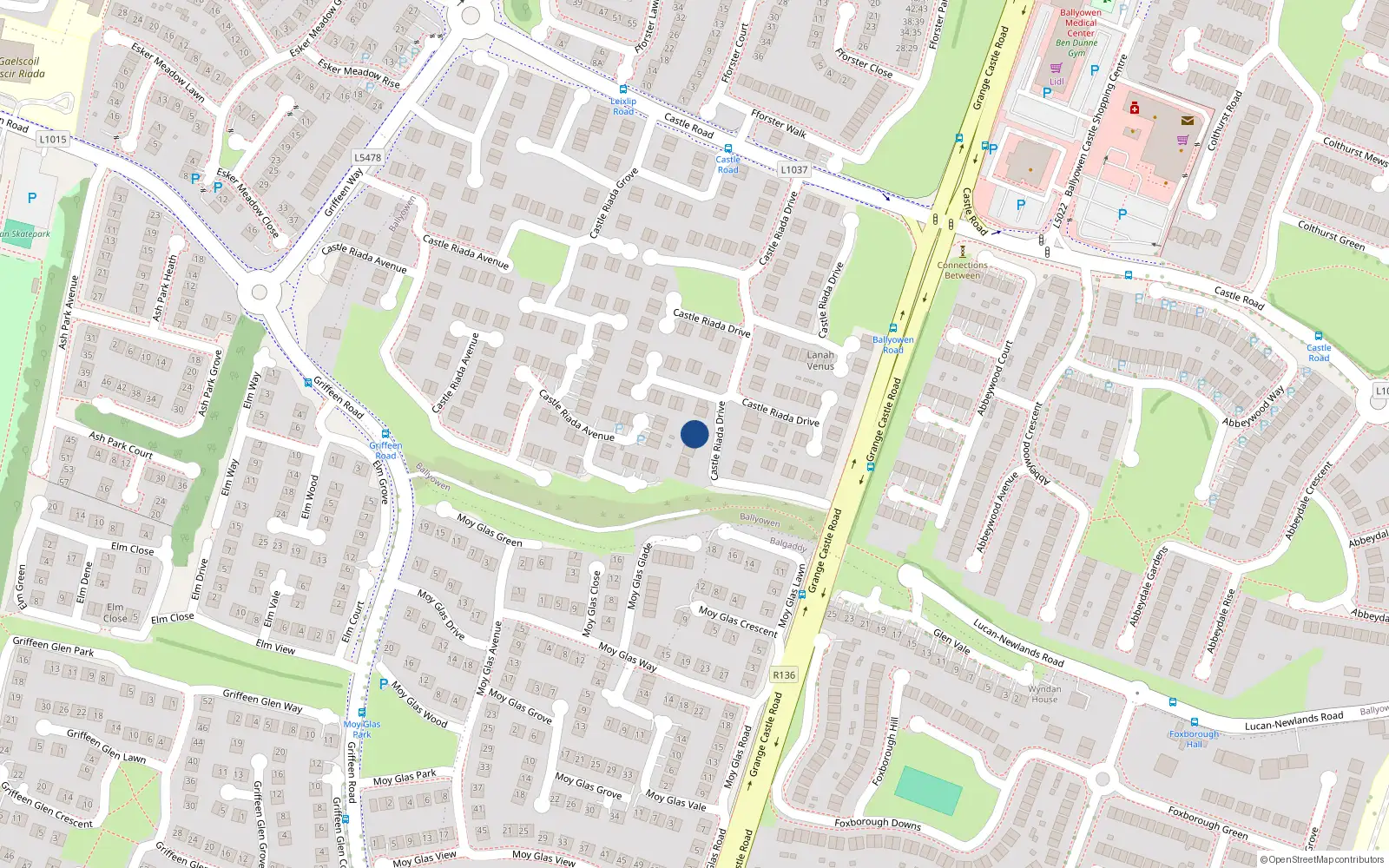 Overhead map showing the location of 71 Castleriada Drive, Castle Road, Lucan