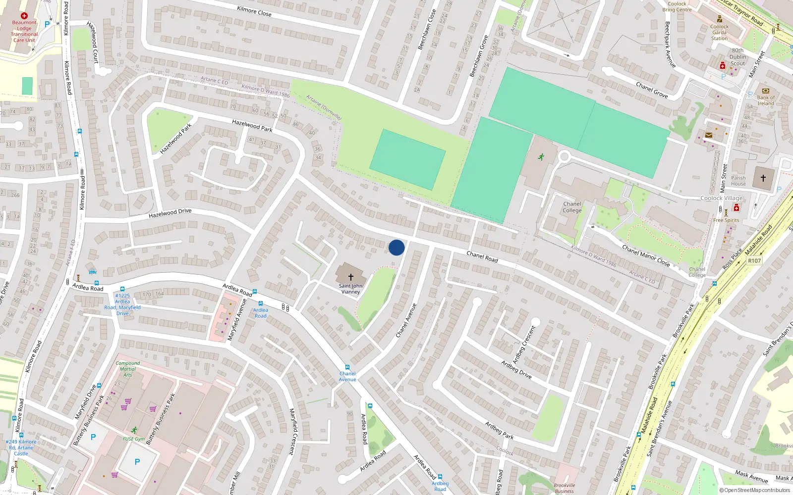 Overhead map showing the location of 71 Chanel Road, Artane, Dublin 5