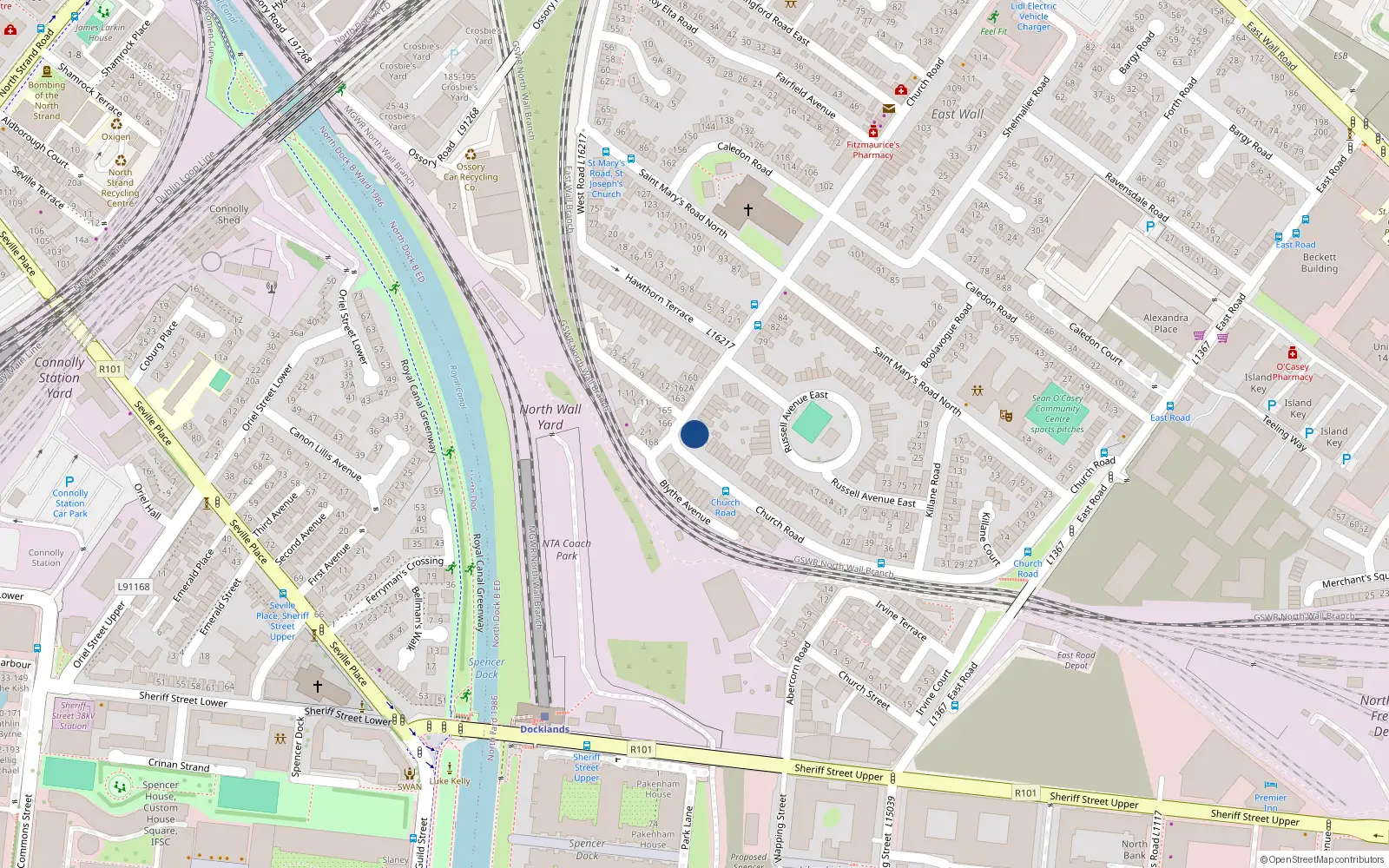 Overhead map showing the location of 71 Church Road, East Wall, Dublin 3