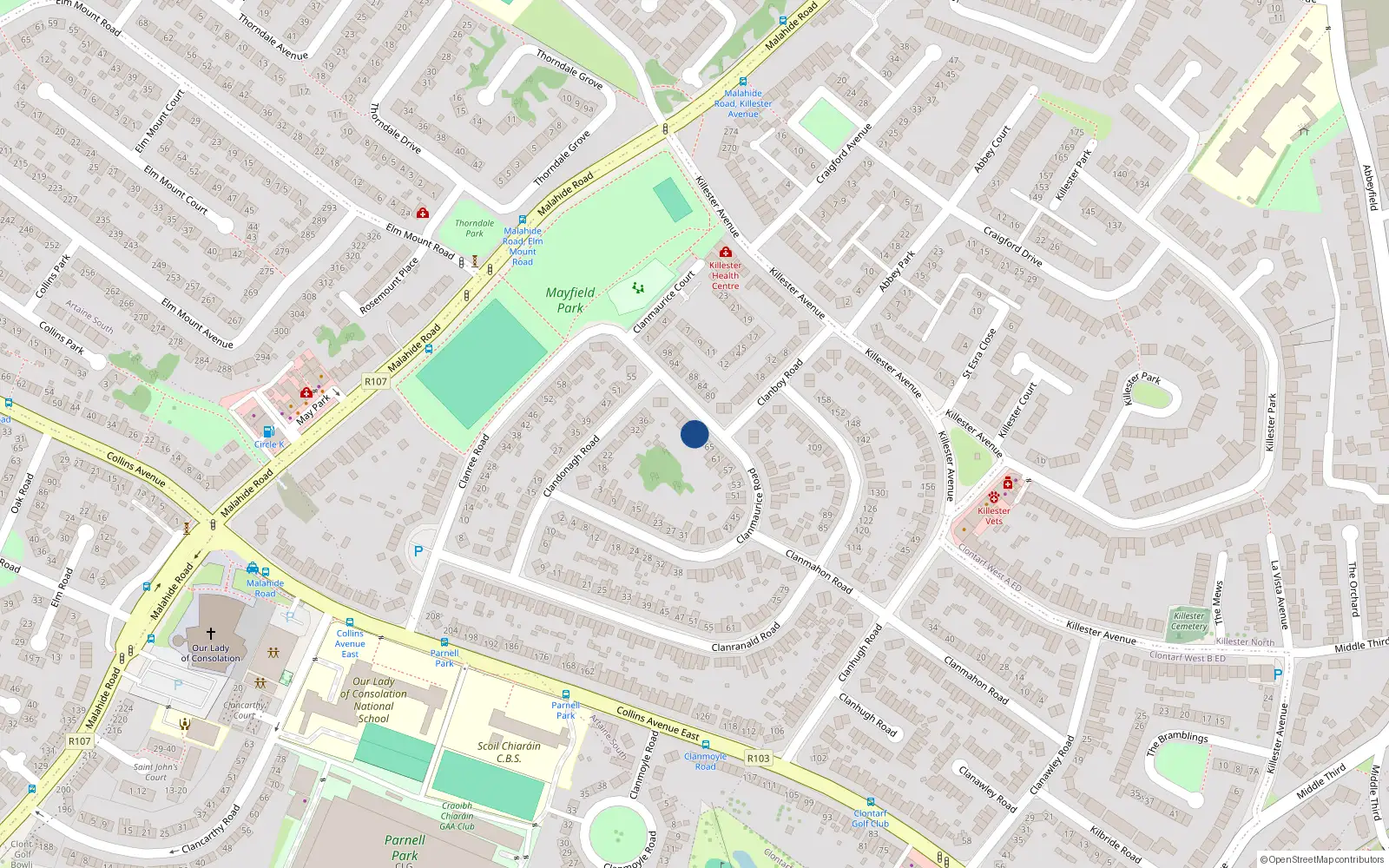 Overhead map showing the location of 71 Clanmaurice Road, Dublin 5