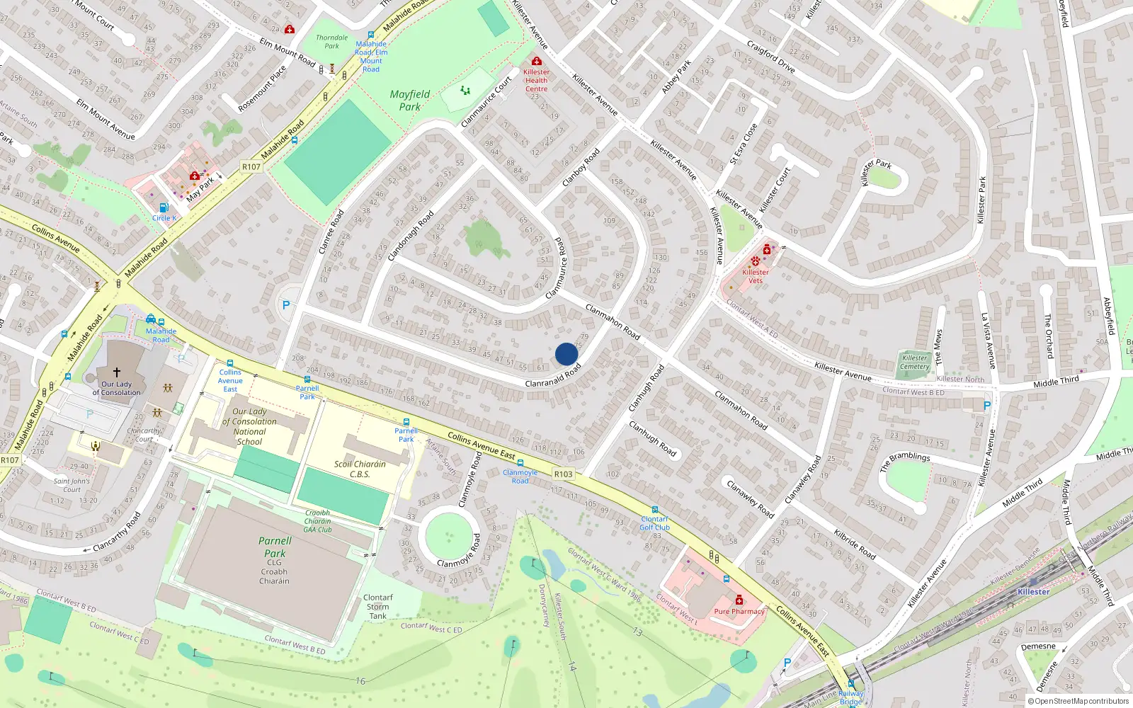 Overhead map showing the location of 71 Clanranald Road, Dublin 5