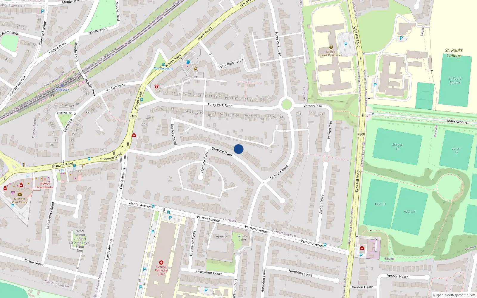 Overhead map showing the location of 71 Dunluce Road, Dublin 3