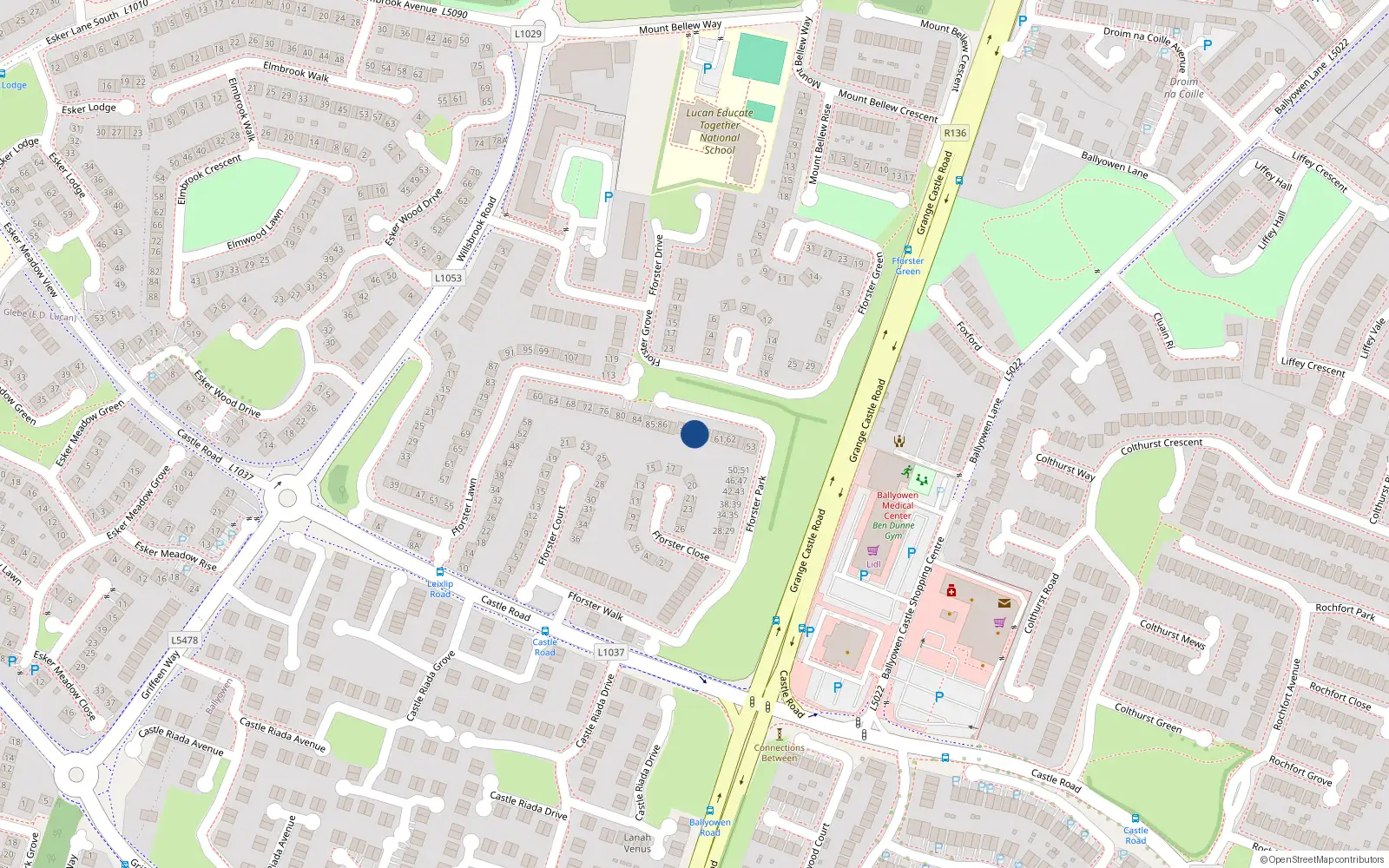 Overhead map showing the location of 71 Fforester Park, Lucan