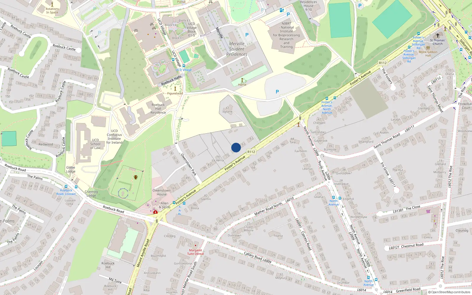 Overhead map showing the location of 71 Foster Avenue, Blackrock