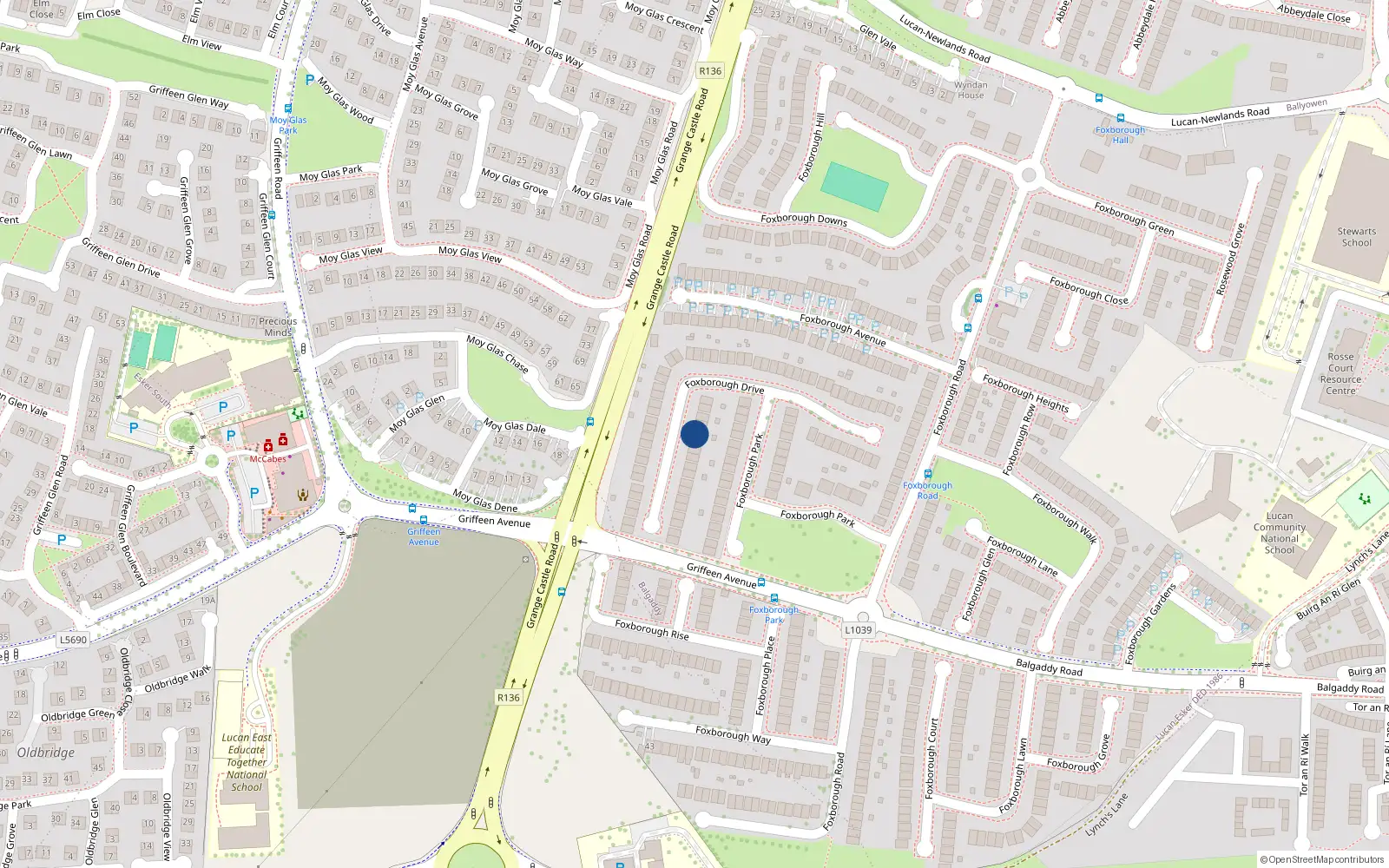 Overhead map showing the location of 71 Foxborough Drive, Lucan