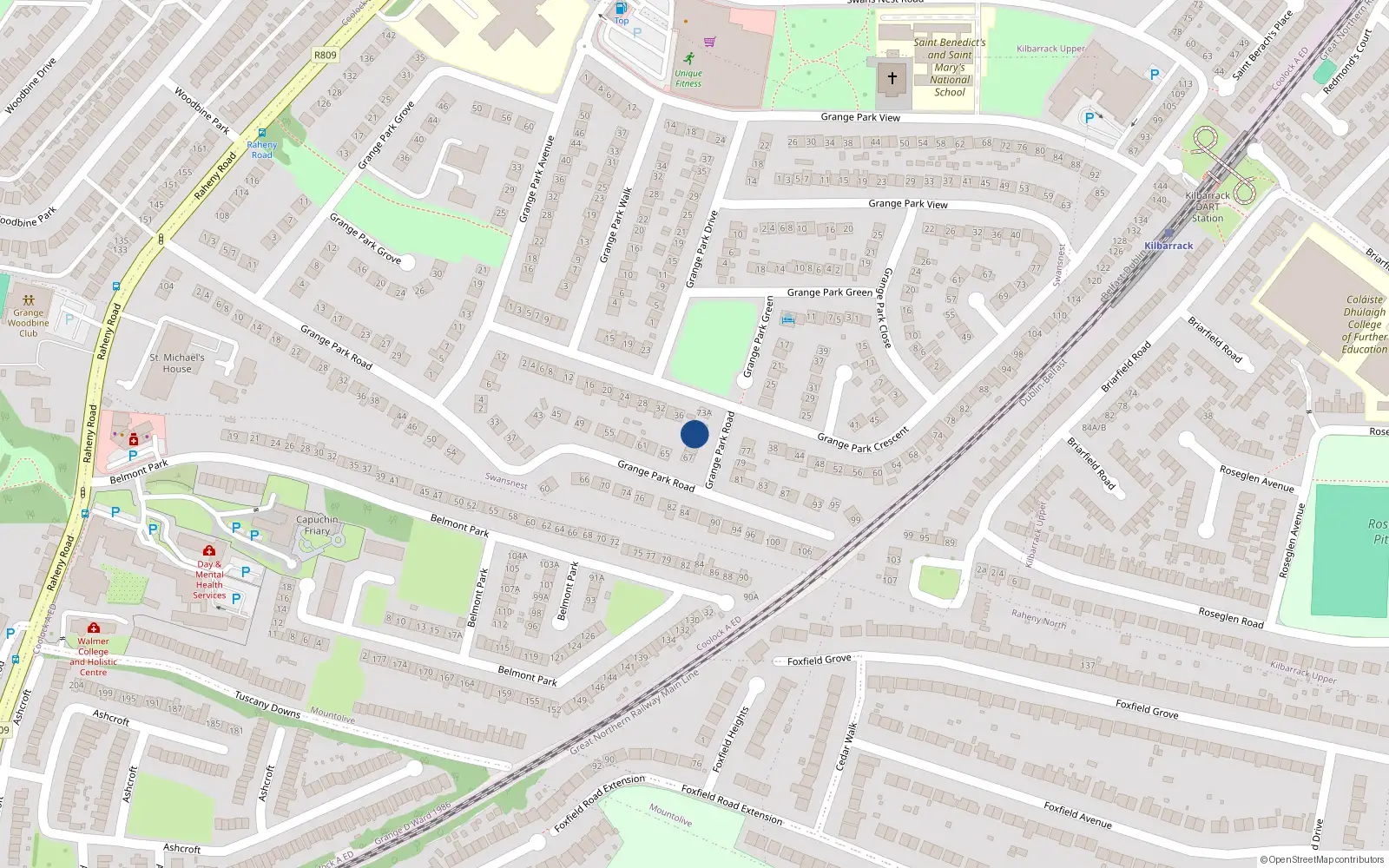Overhead map showing the location of 71 Grange Park Road, Raheny, Dublin 5