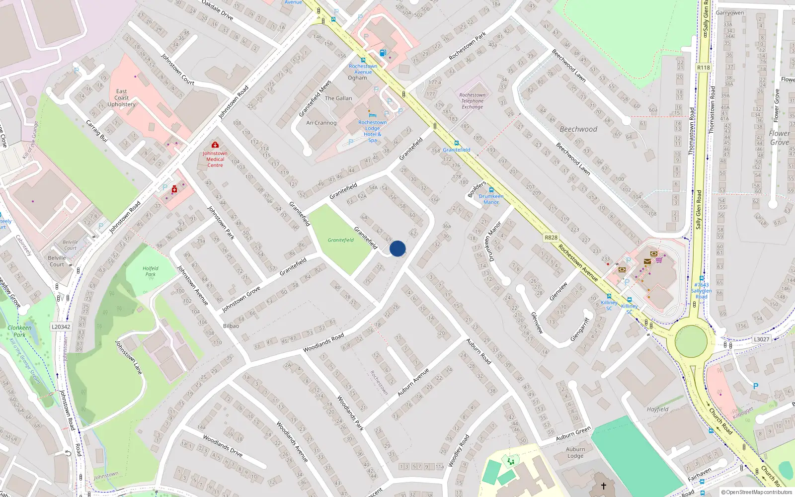 Overhead map showing the location of 71 Granitefield, Dun Laoghaire, Dublin
