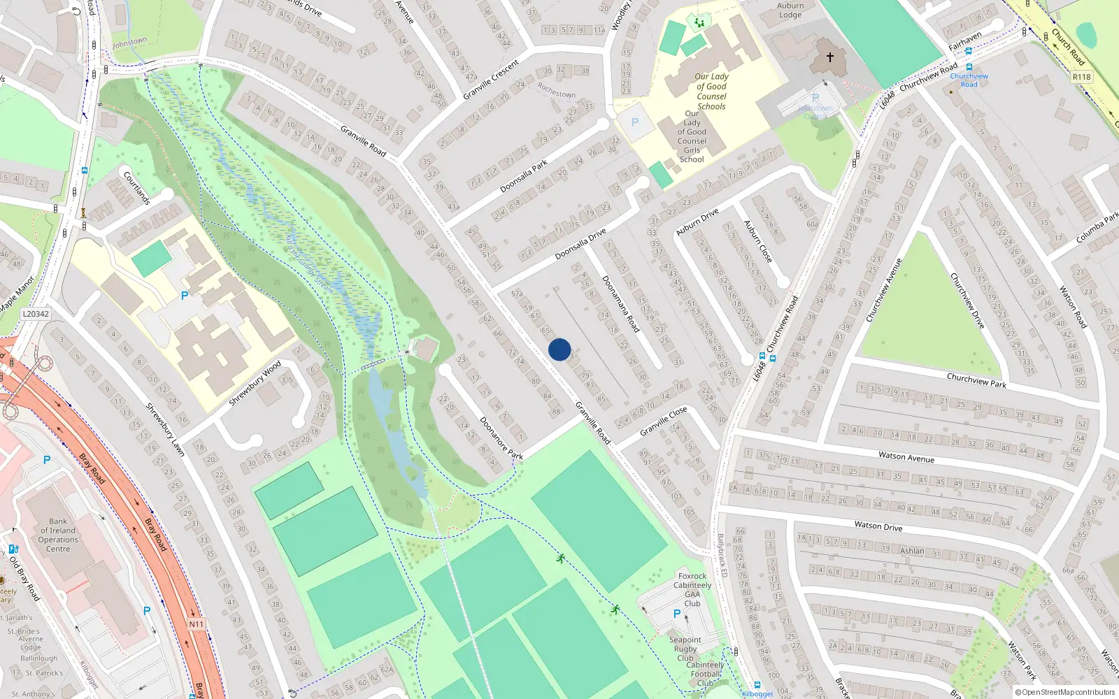 Overhead map showing the location of 71 Granville Road, Cabinteely, Dun Laoghaire