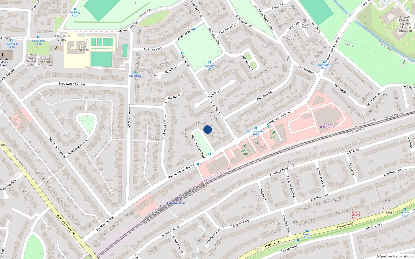 Overhead map showing the location of 71 Harmonstown Road, Dublin 5