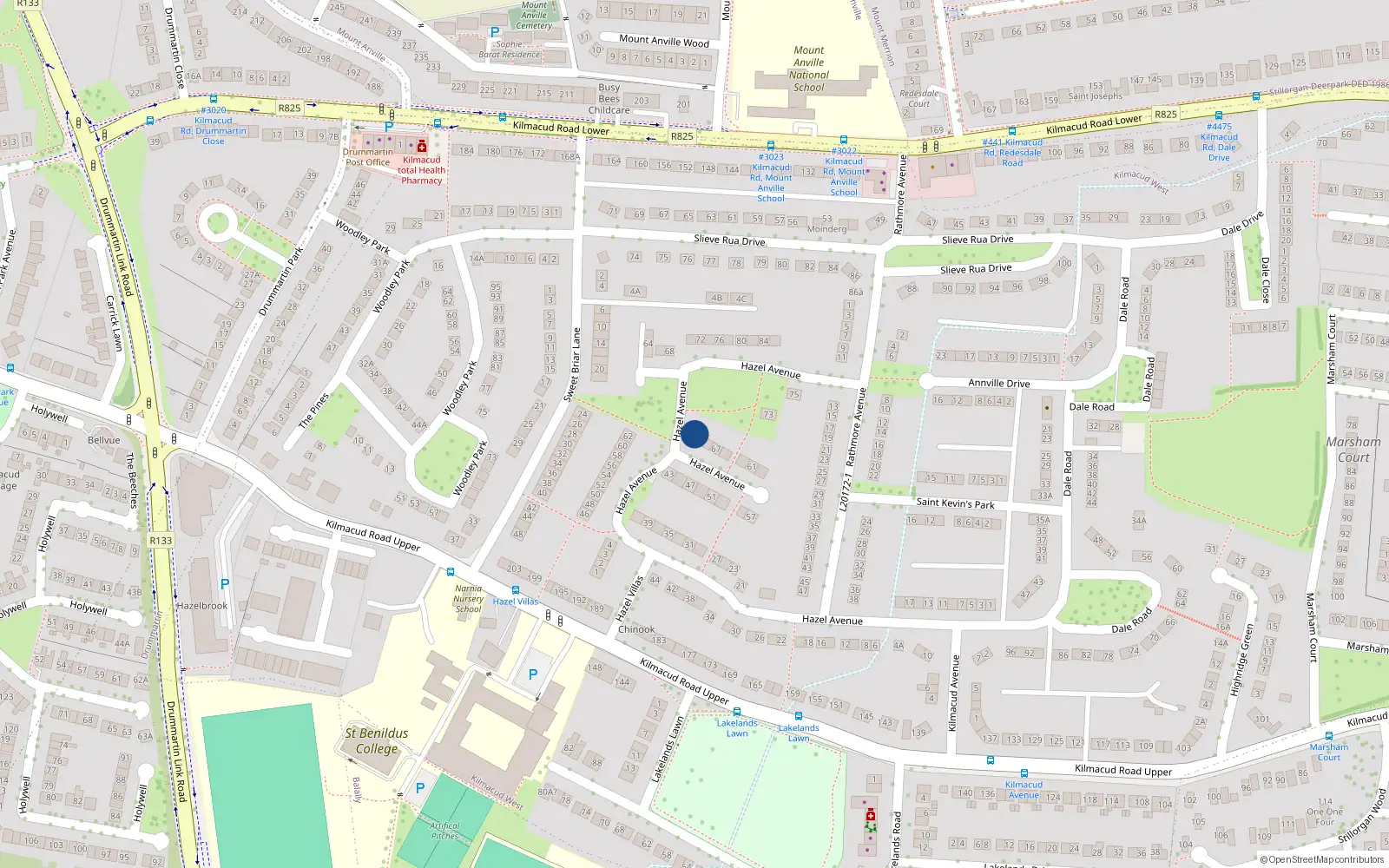 Overhead map showing the location of 71 Hazel Avenue, Blackrock