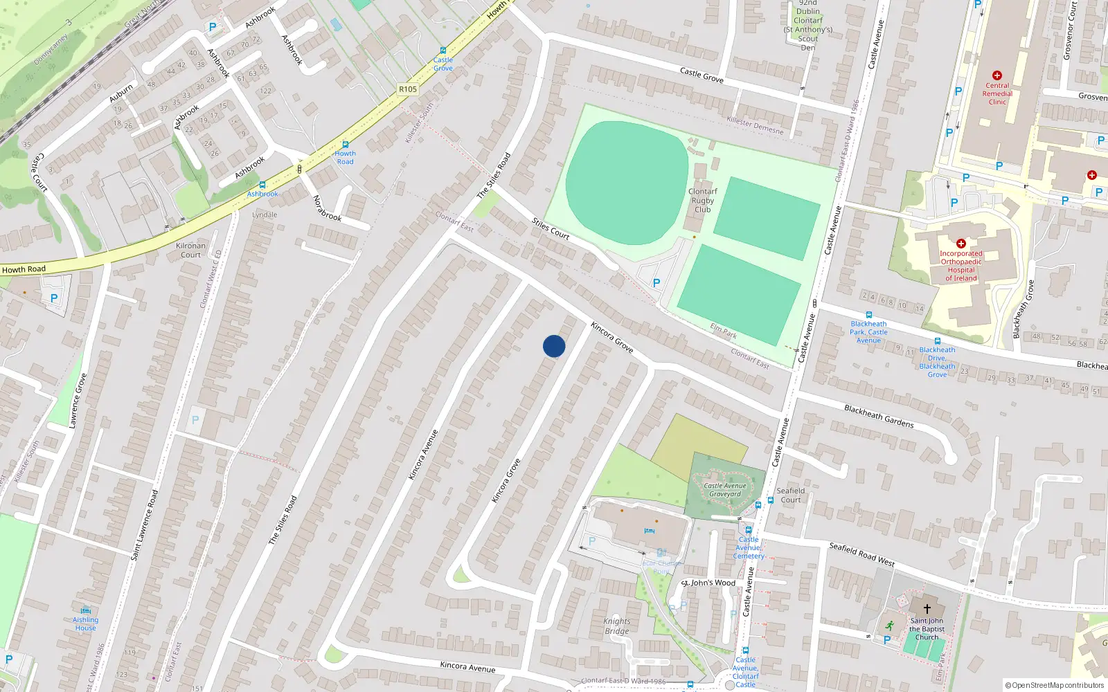 Overhead map showing the location of 71 Kincora Drive, Clontarf, Dublin 3