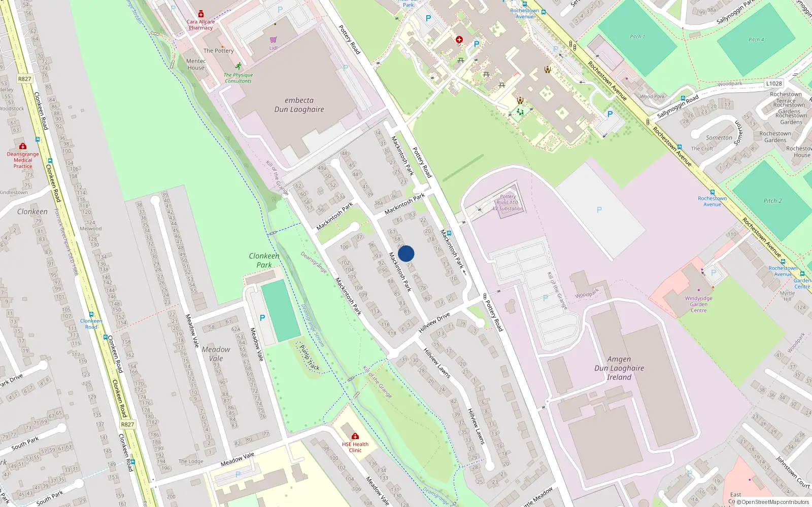 Overhead map showing the location of 71 Mackintosh Park, Off Pottery Road, Dun Laoghaire