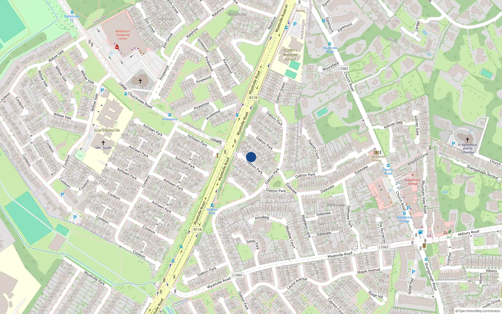 Overhead map showing the location of 71 Oakton Park, Ballybrack, Dublin