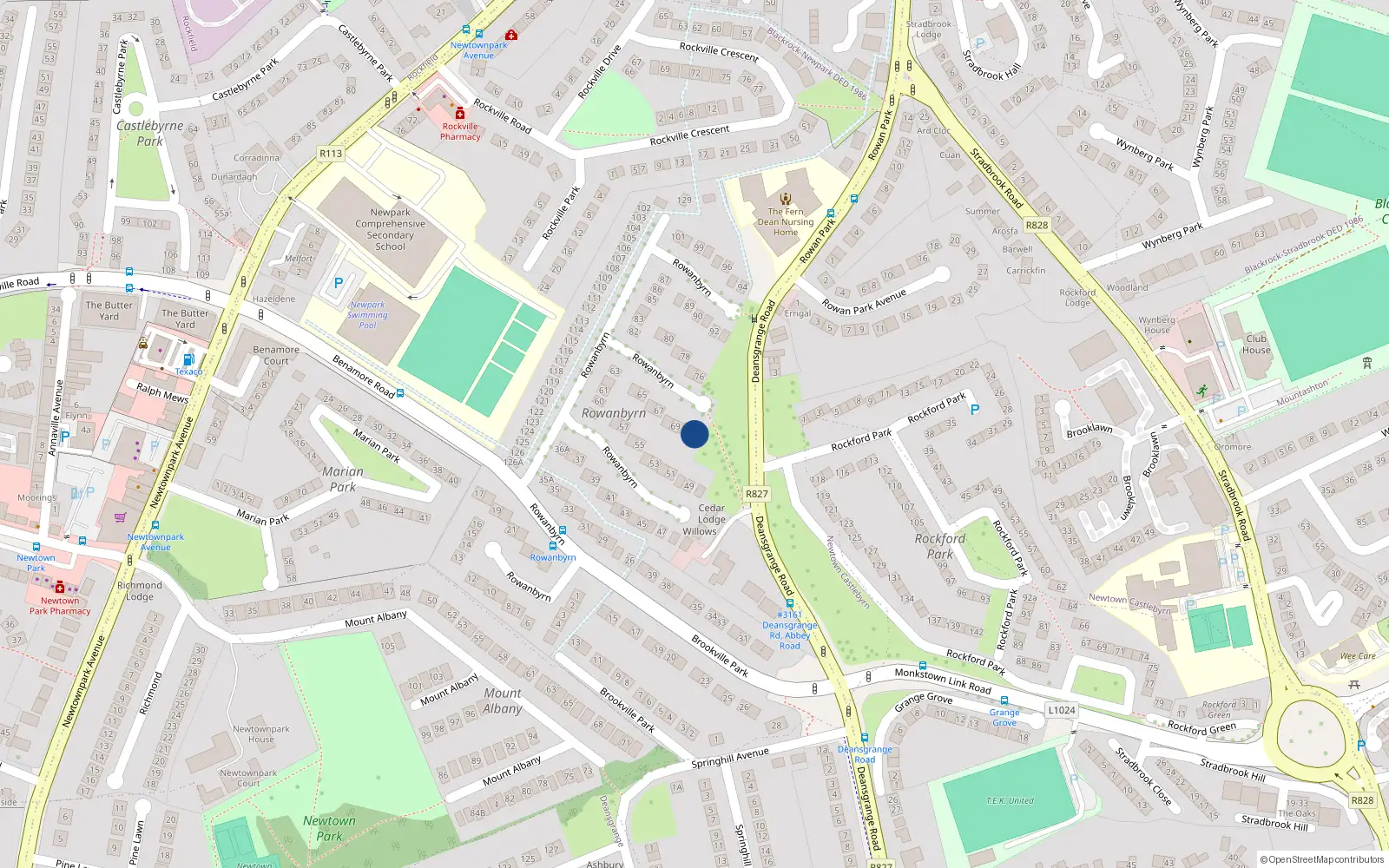 Overhead map showing the location of 71 Rowanbyrn, Blackrock