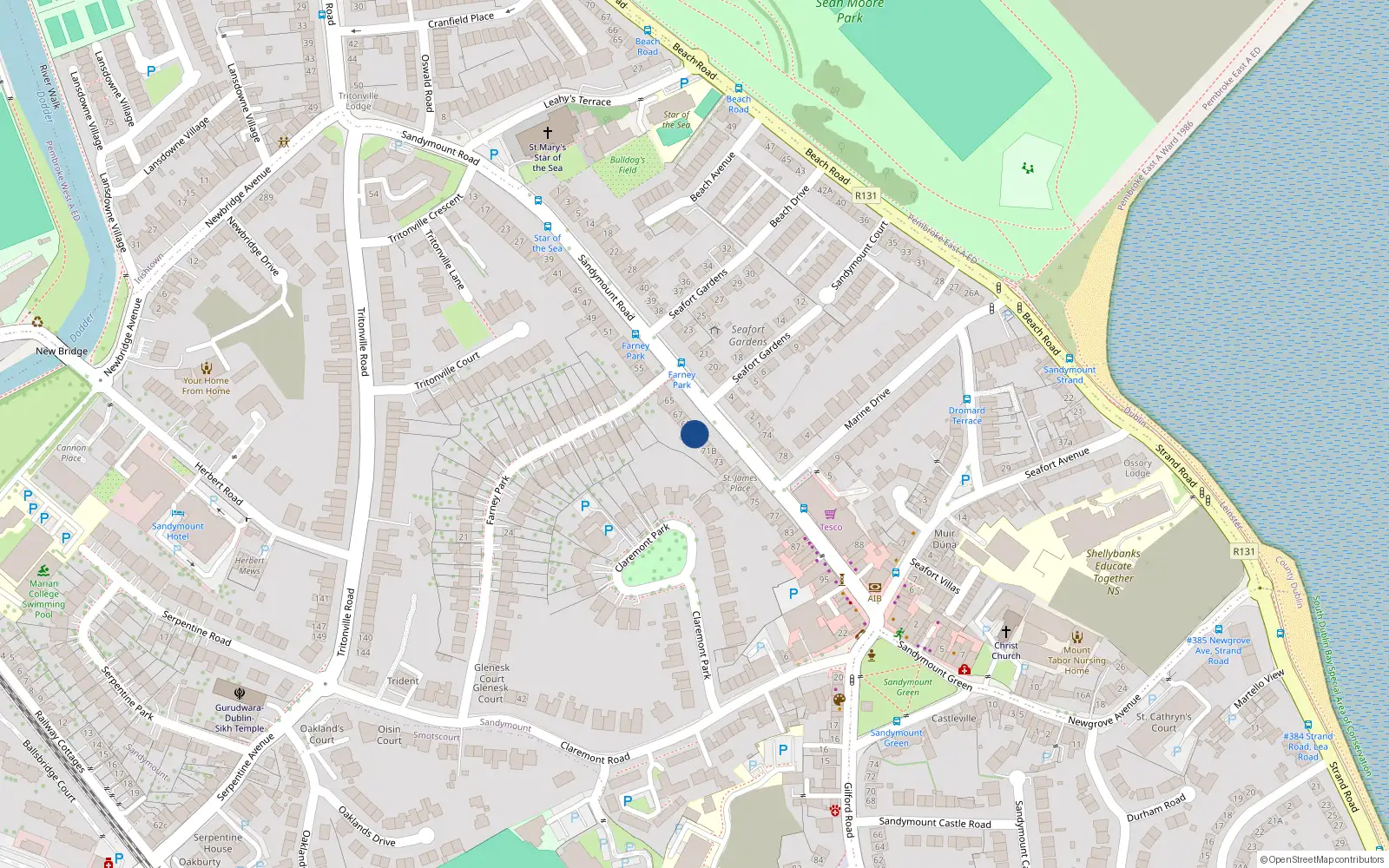 Overhead map showing the location of 71 Sandymount Road, Sandymount