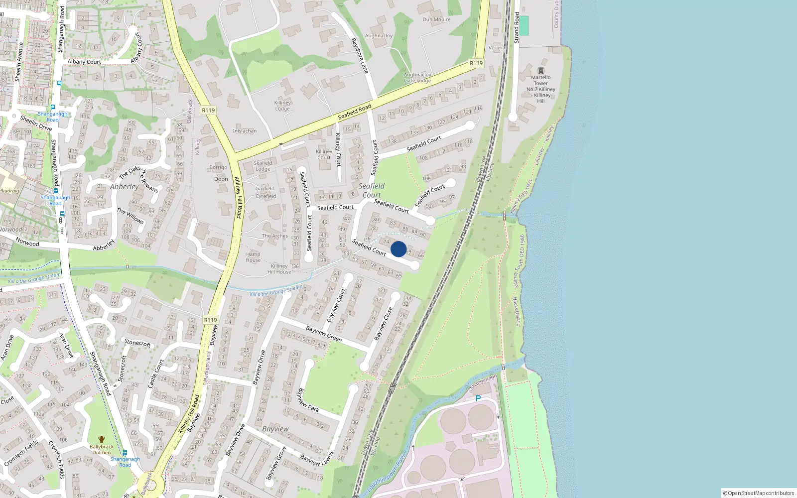 Overhead map showing the location of 71 Seafield Court, Killiney, Dublin