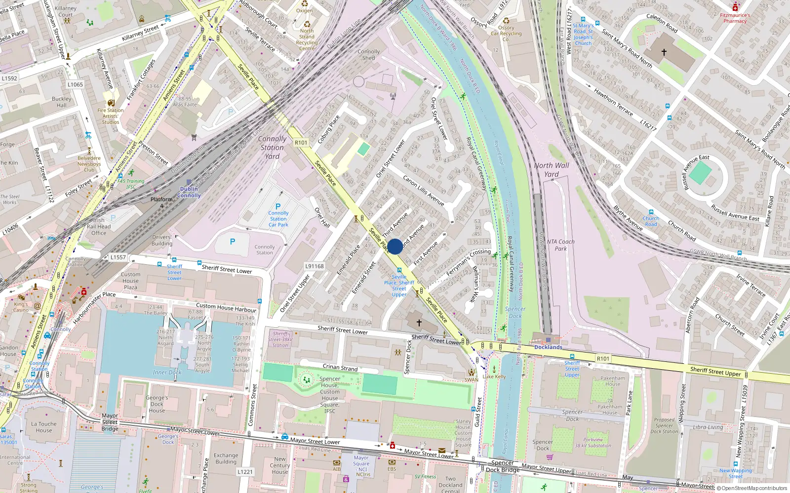 Overhead map showing the location of 71 Seville Place, Dublin 3, Dublin